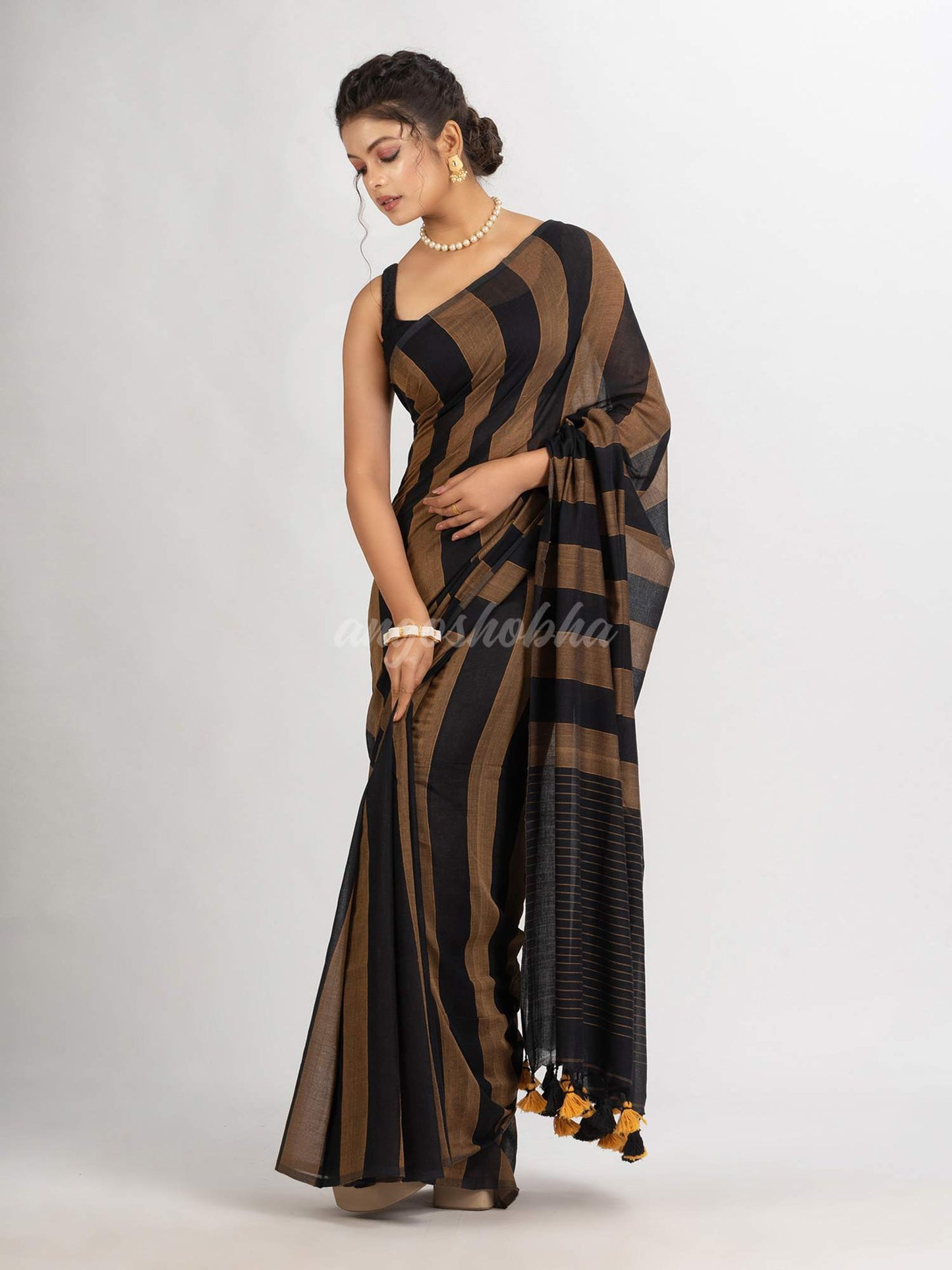 Brown And Black Stipe Handwoven Cotton handloom Saree