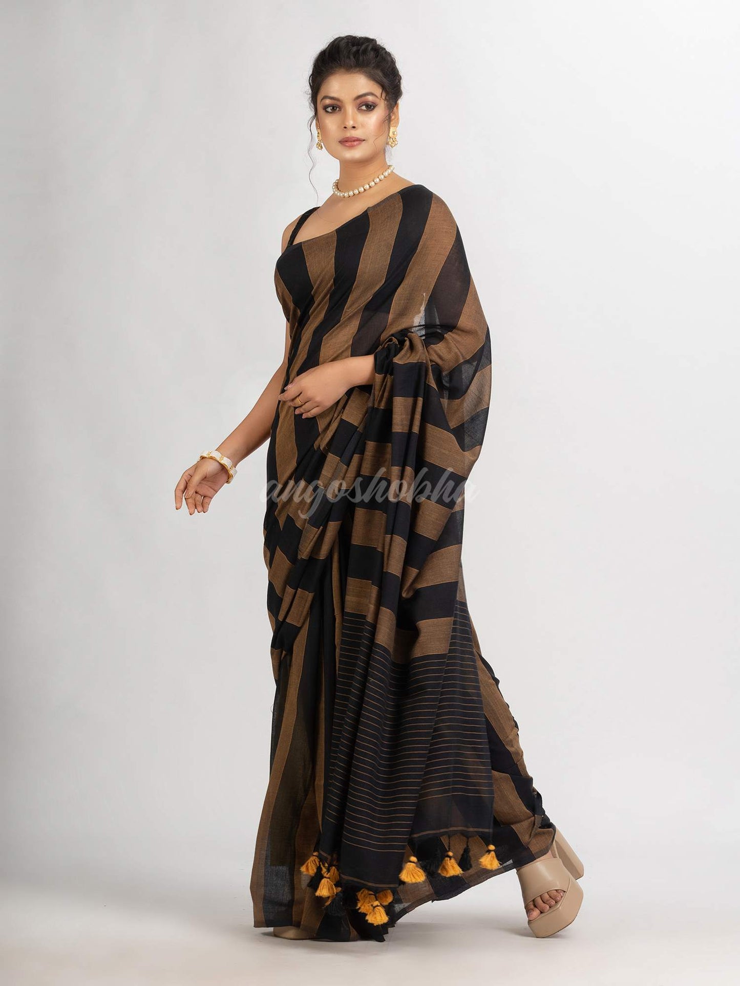 Brown And Black Stipe Handwoven Cotton handloom Saree