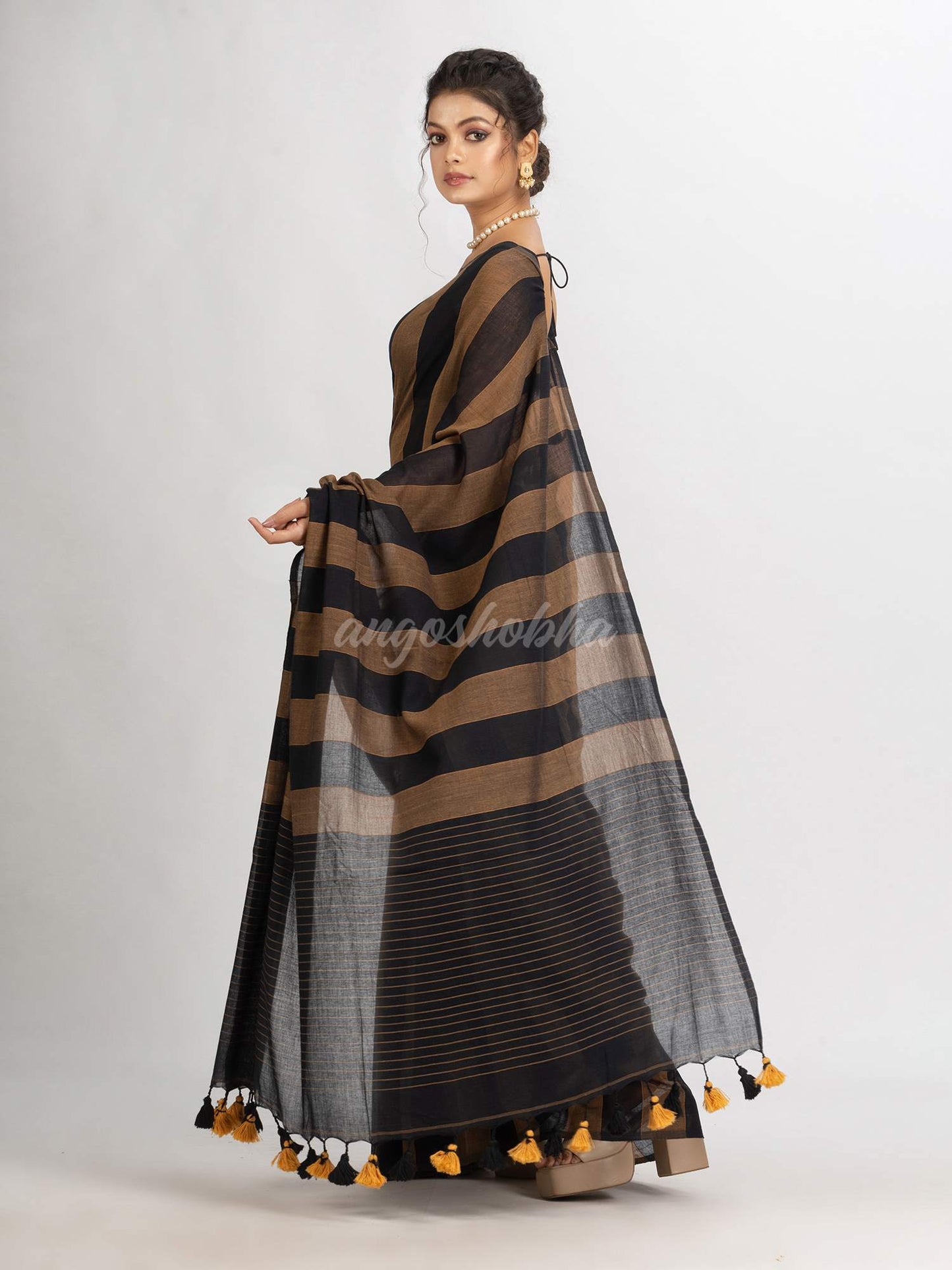 Brown And Black Stipe Handwoven Cotton handloom Saree