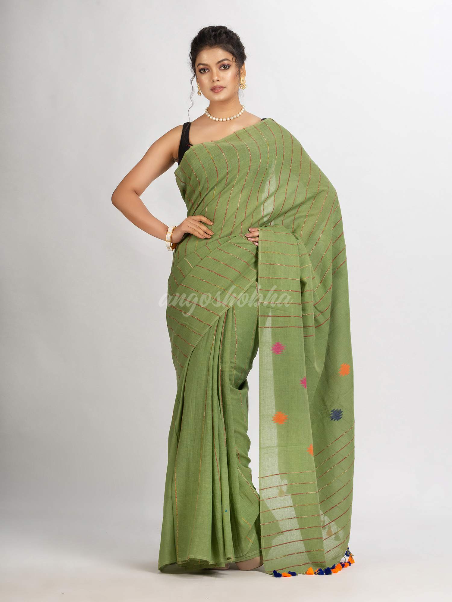 Sage Green Handwoven Cotton Jamdani handloom Saree