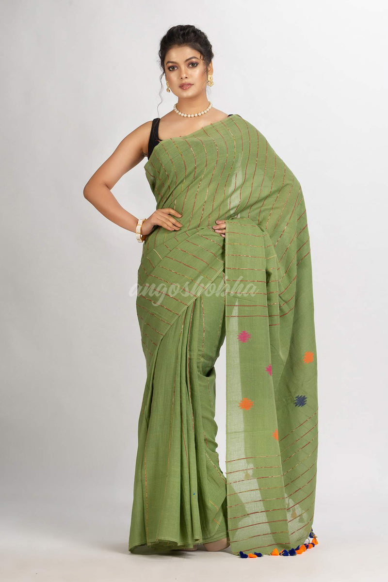 Sage Green Handwoven Cotton Jamdani handloom Saree