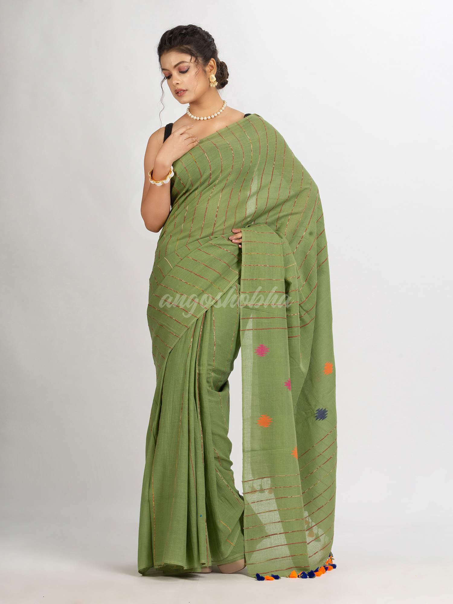 Sage Green Handwoven Cotton Jamdani handloom Saree