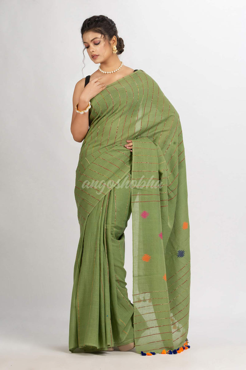 Sage Green Handwoven Cotton Jamdani handloom Saree