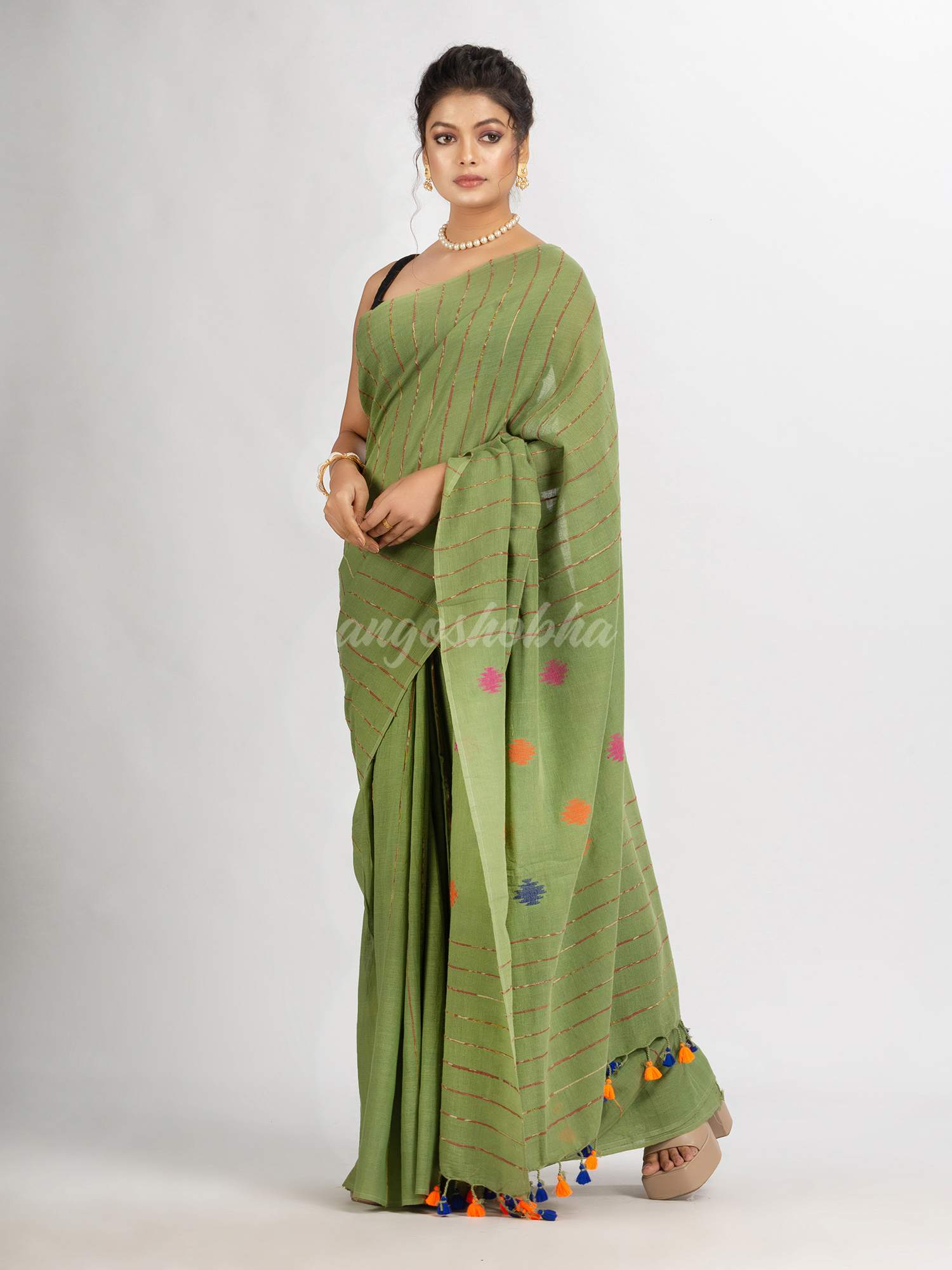 Sage Green Handwoven Cotton Jamdani handloom Saree