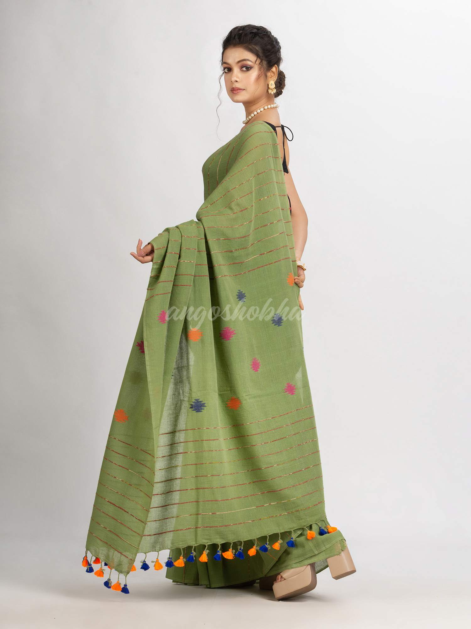 Sage Green Handwoven Cotton Jamdani handloom Saree