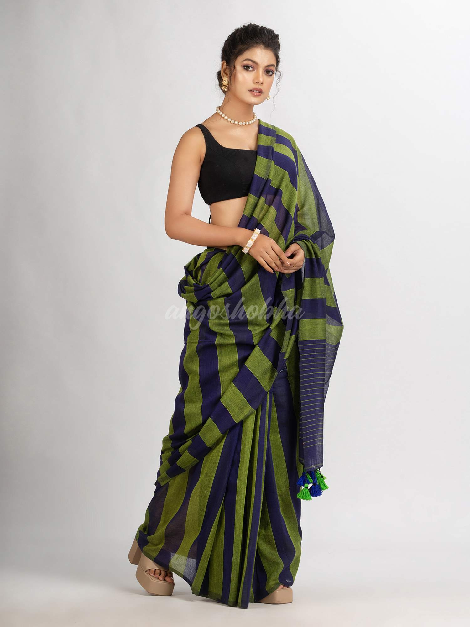 Lemon And Blue Stipe Handwoven Cotton handloom Saree