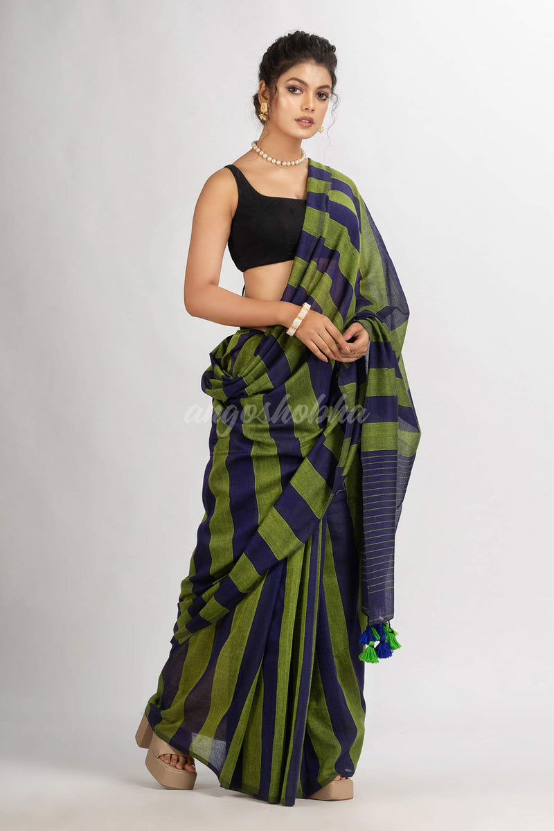 Lemon And Blue Stipe Handwoven Cotton handloom Saree