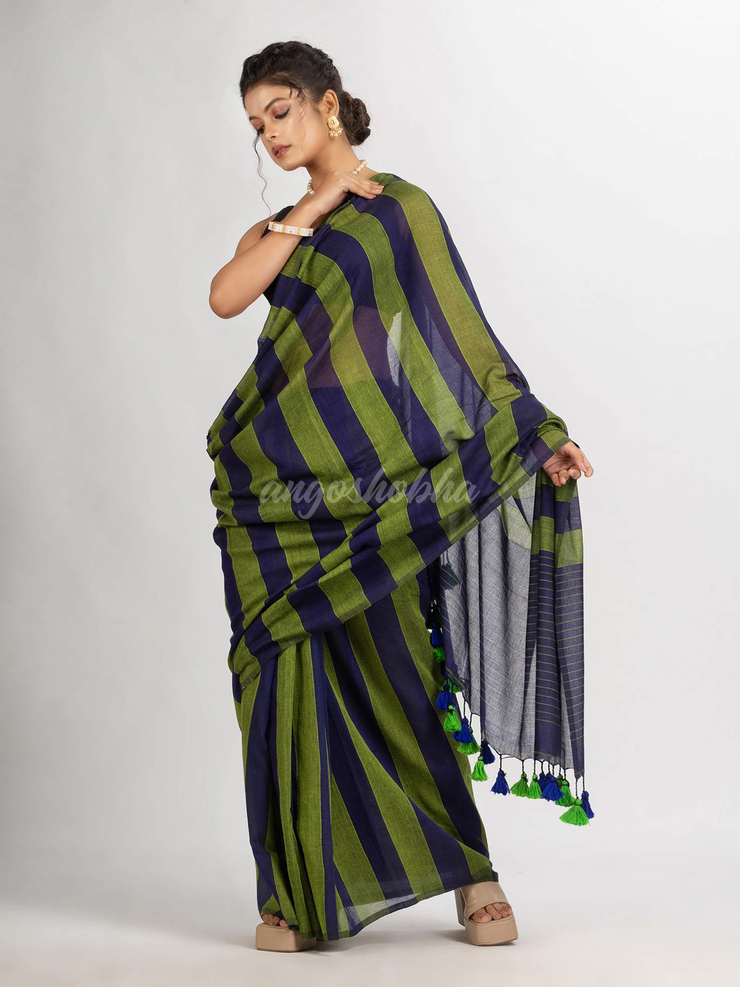 Lemon And Blue Stipe Handwoven Cotton handloom Saree