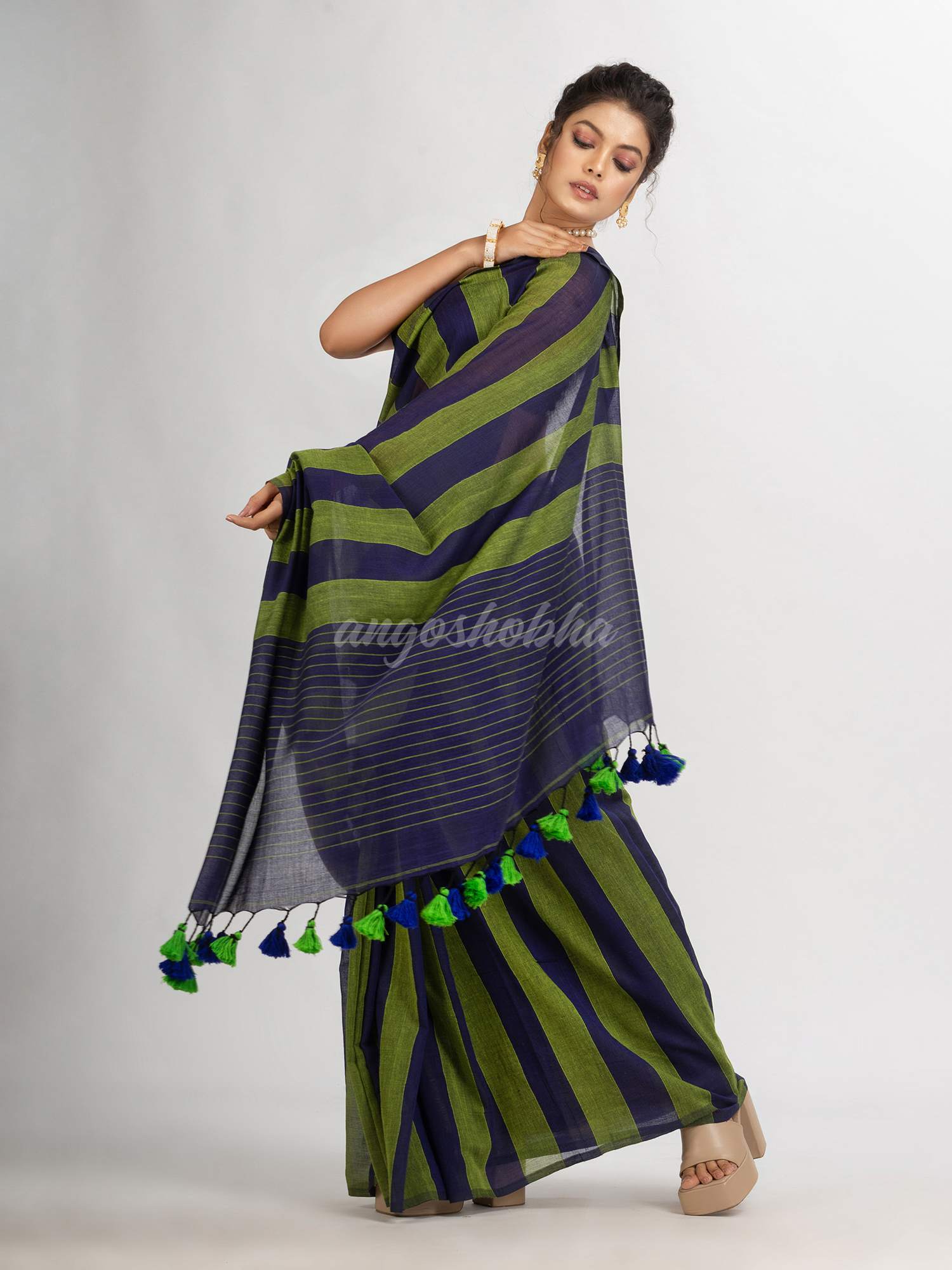 Lemon And Blue Stipe Handwoven Cotton handloom Saree