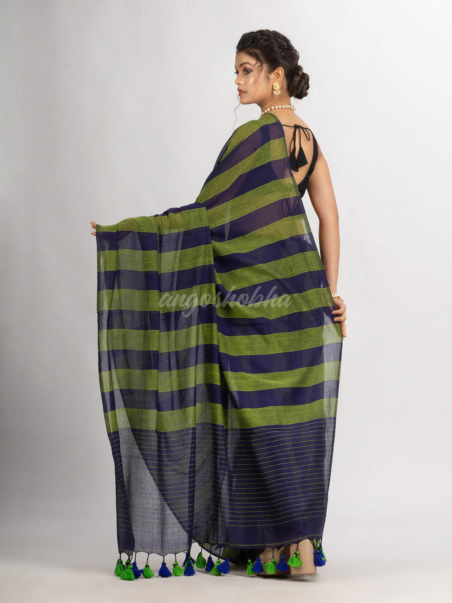 Lemon And Blue Stipe Handwoven Cotton handloom Saree