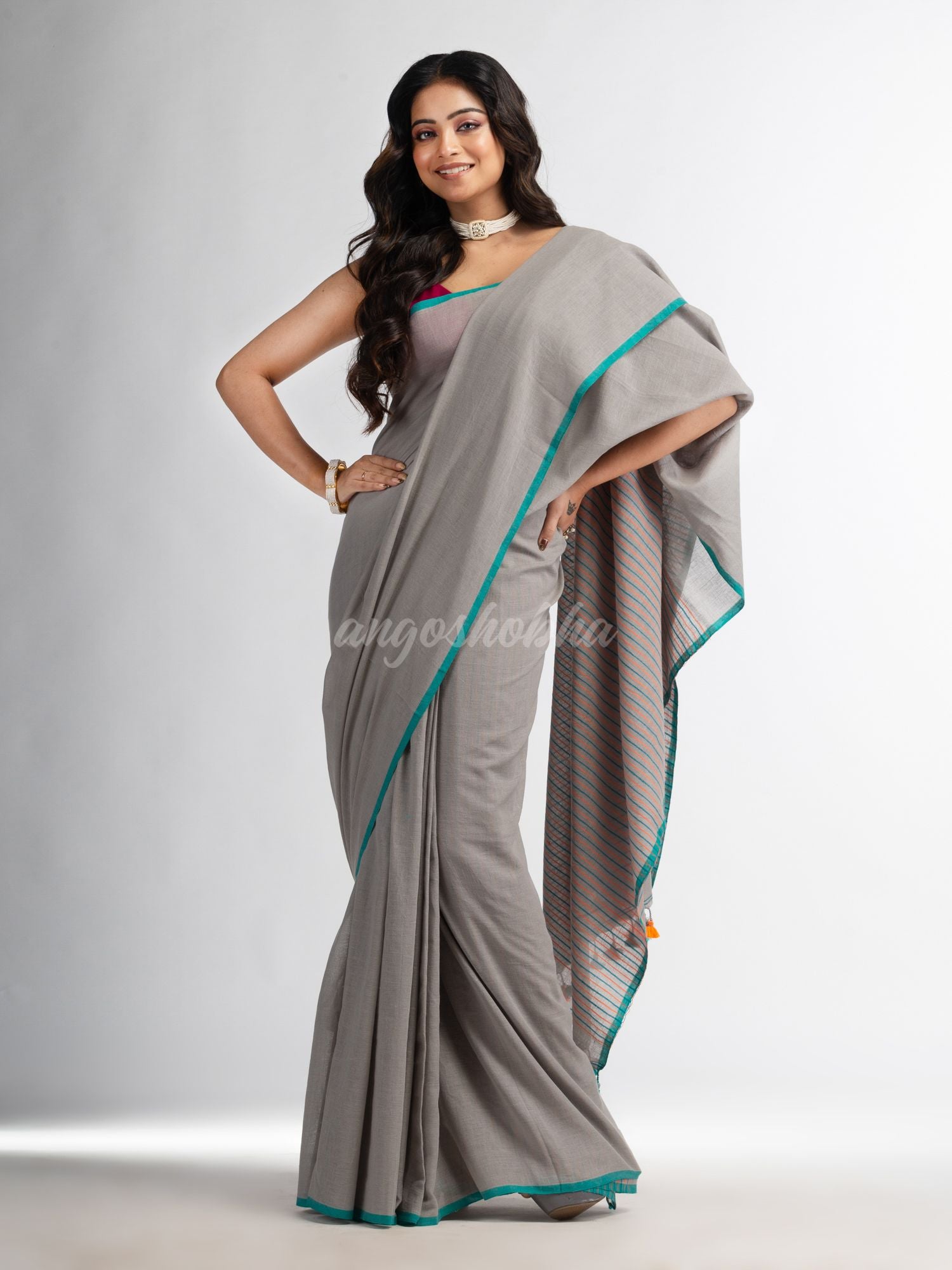 Pebble Grey with multi colour pallu Handwoven Cotton  Saree