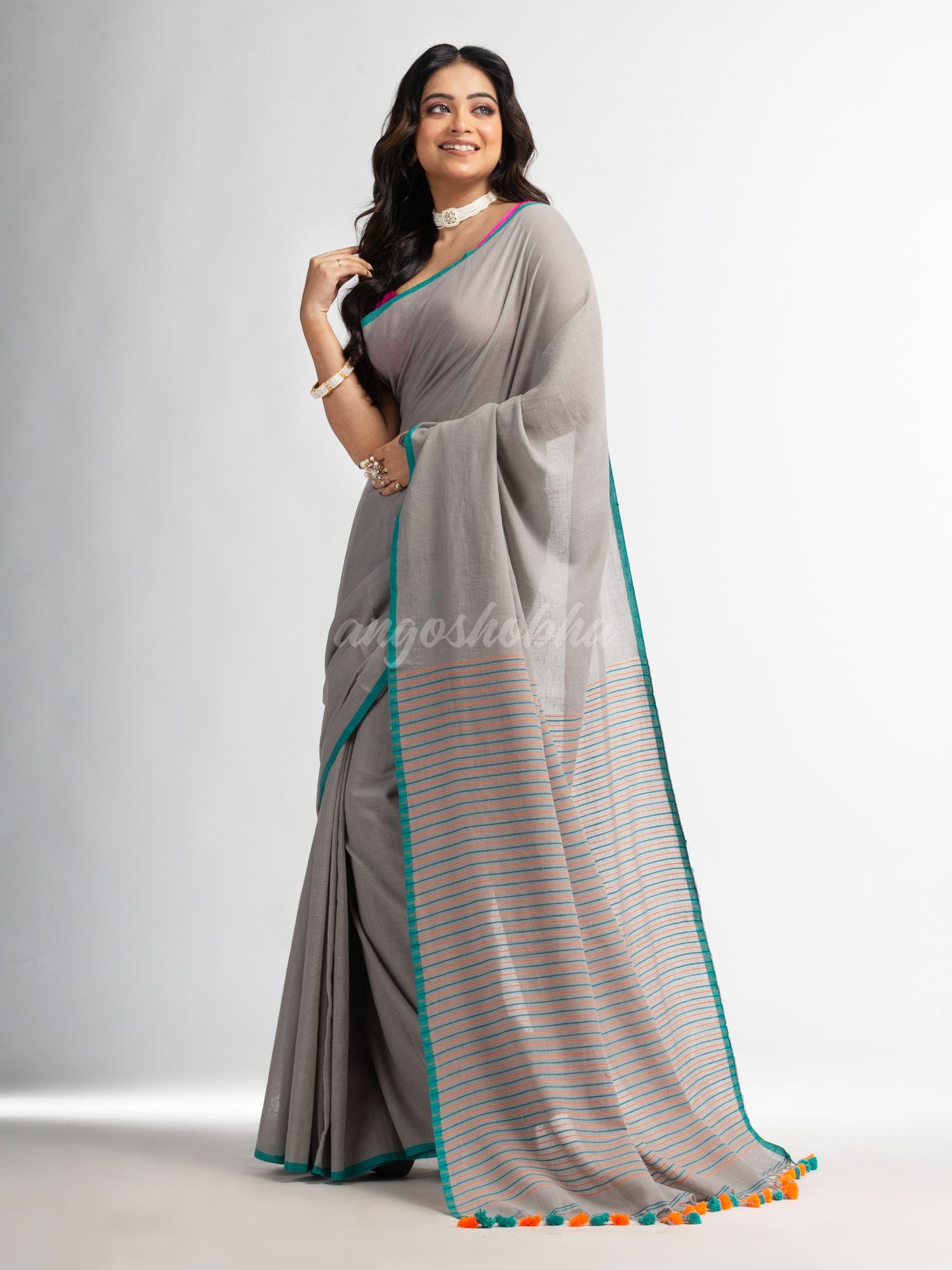 Pebble Grey with multi colour pallu Handwoven Cotton  Saree