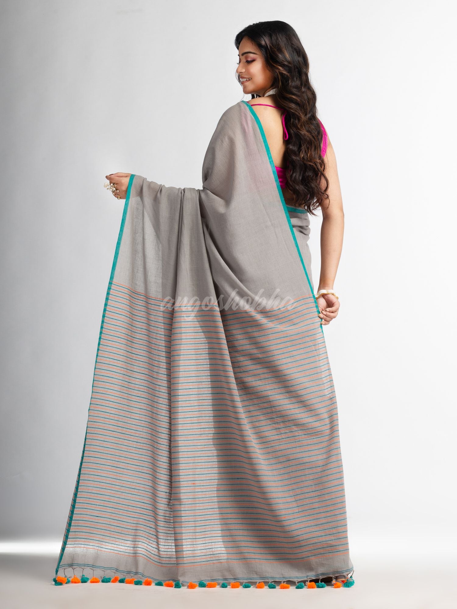 Pebble Grey with multi colour pallu Handwoven Cotton  Saree