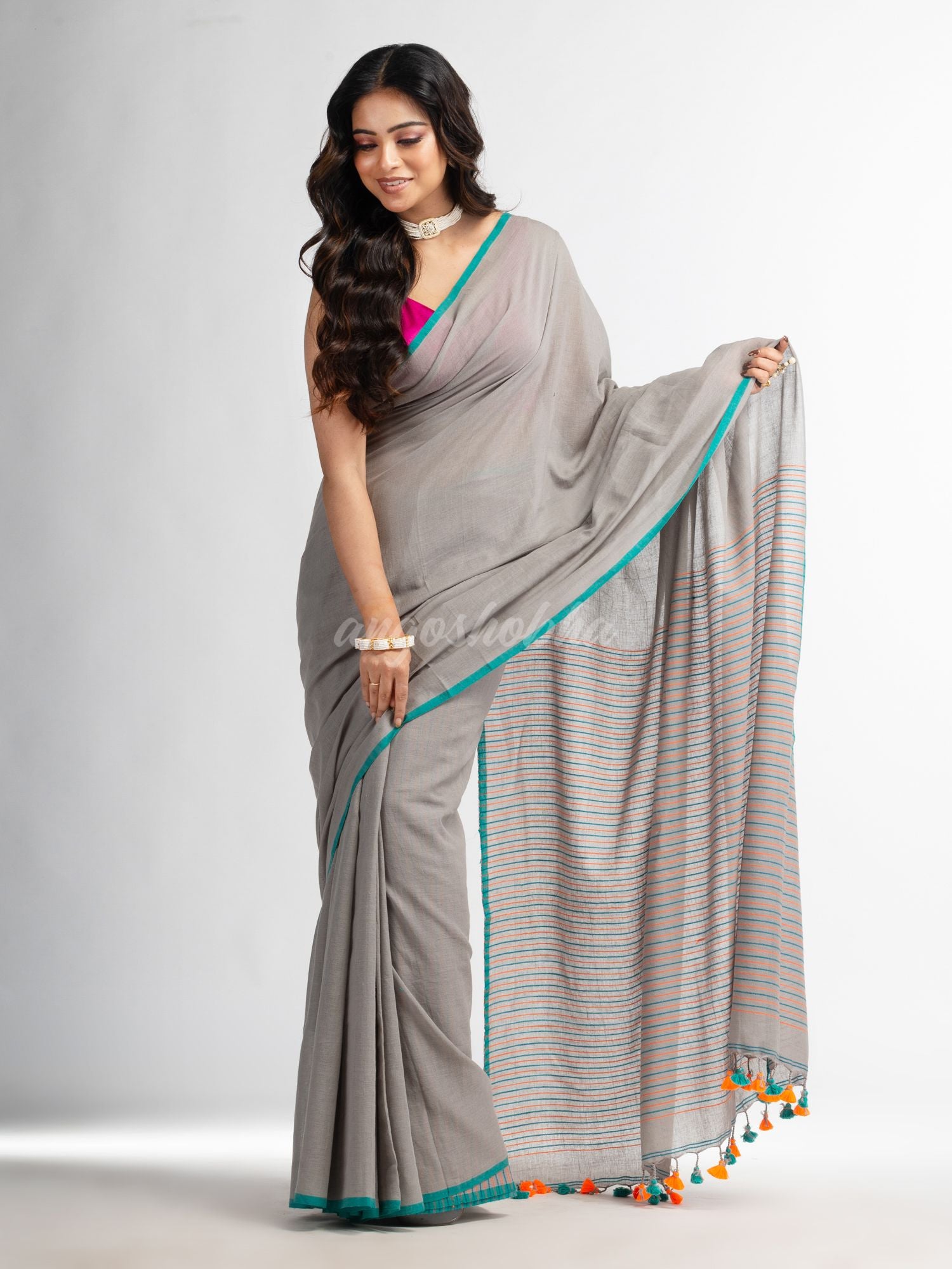 Pebble Grey with multi colour pallu Handwoven Cotton  Saree