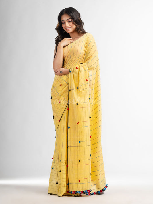 Yellow cotton saree with multi colour thread weave and tassels