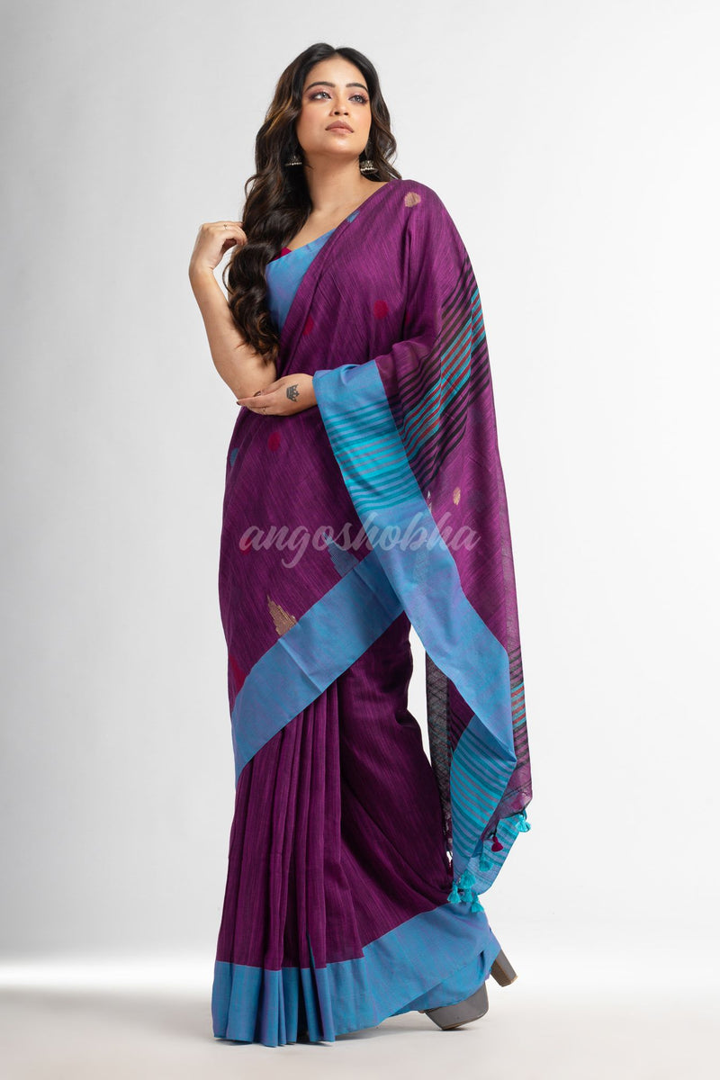 Magenta all over ball Buti with Pallu in temple border handwoven saree