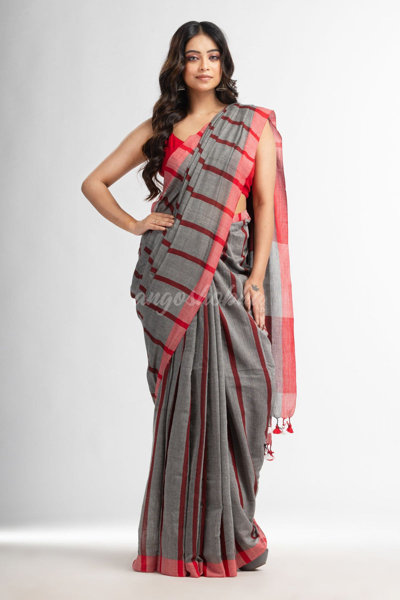 silver all body red strip moklin red border handwoven muslight saree