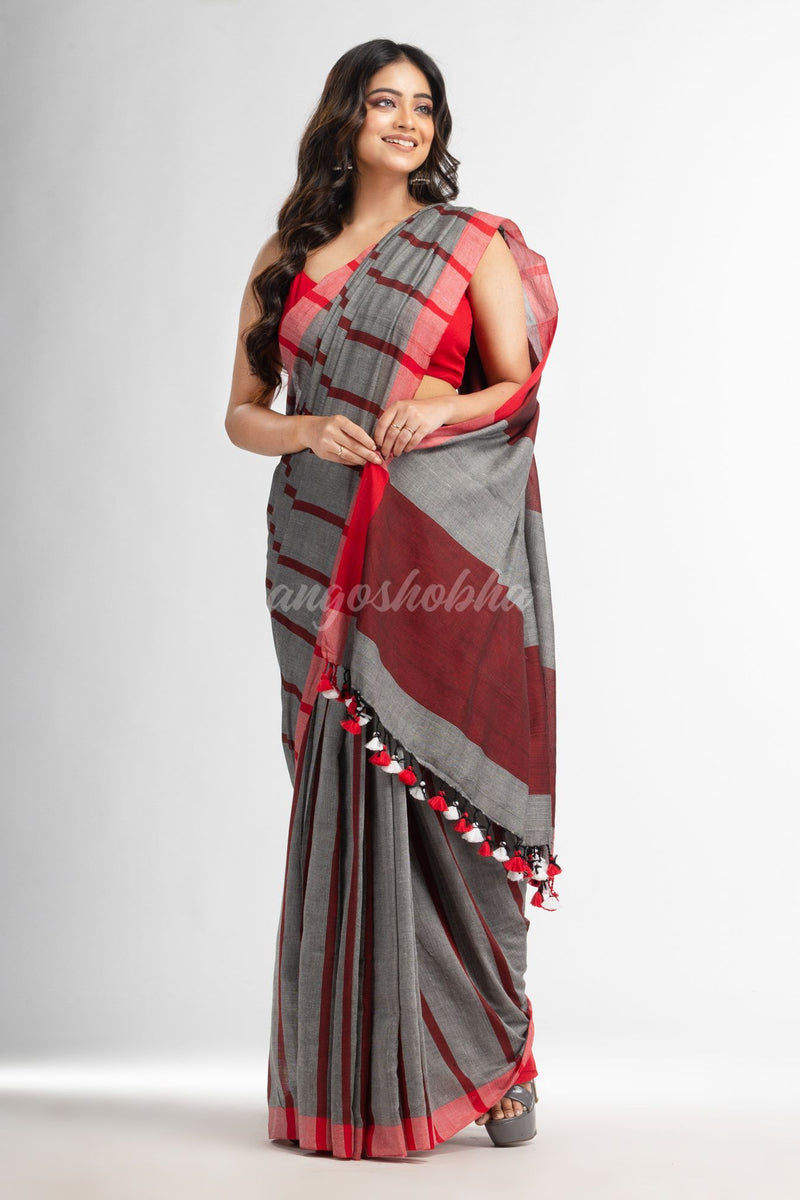 silver all body red strip moklin red border handwoven muslight saree