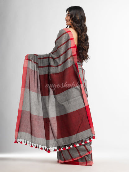 silver all body red strip moklin red border handwoven muslight saree