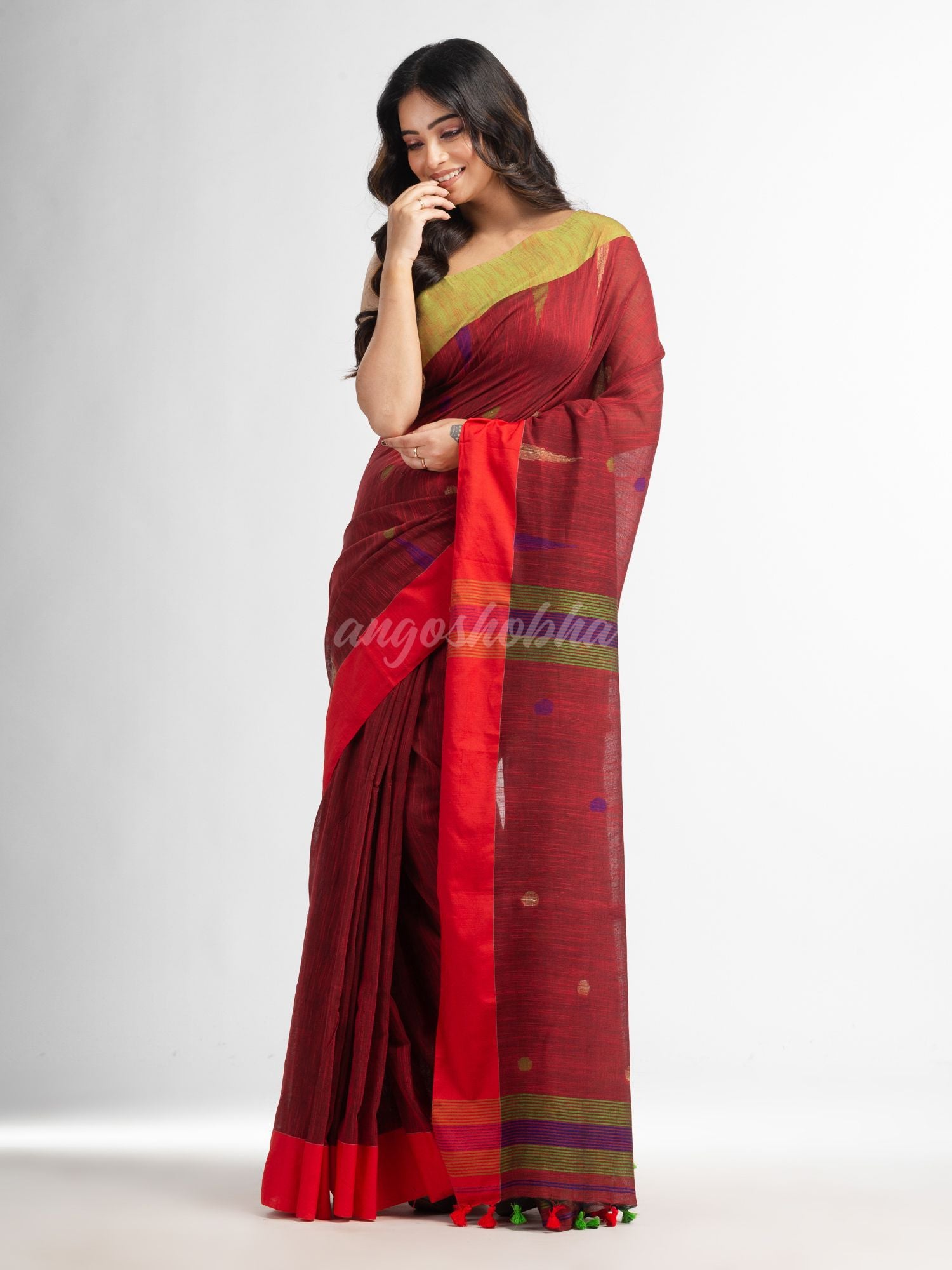 Rust all over ball Buti with Pallu in temple border handwoven saree