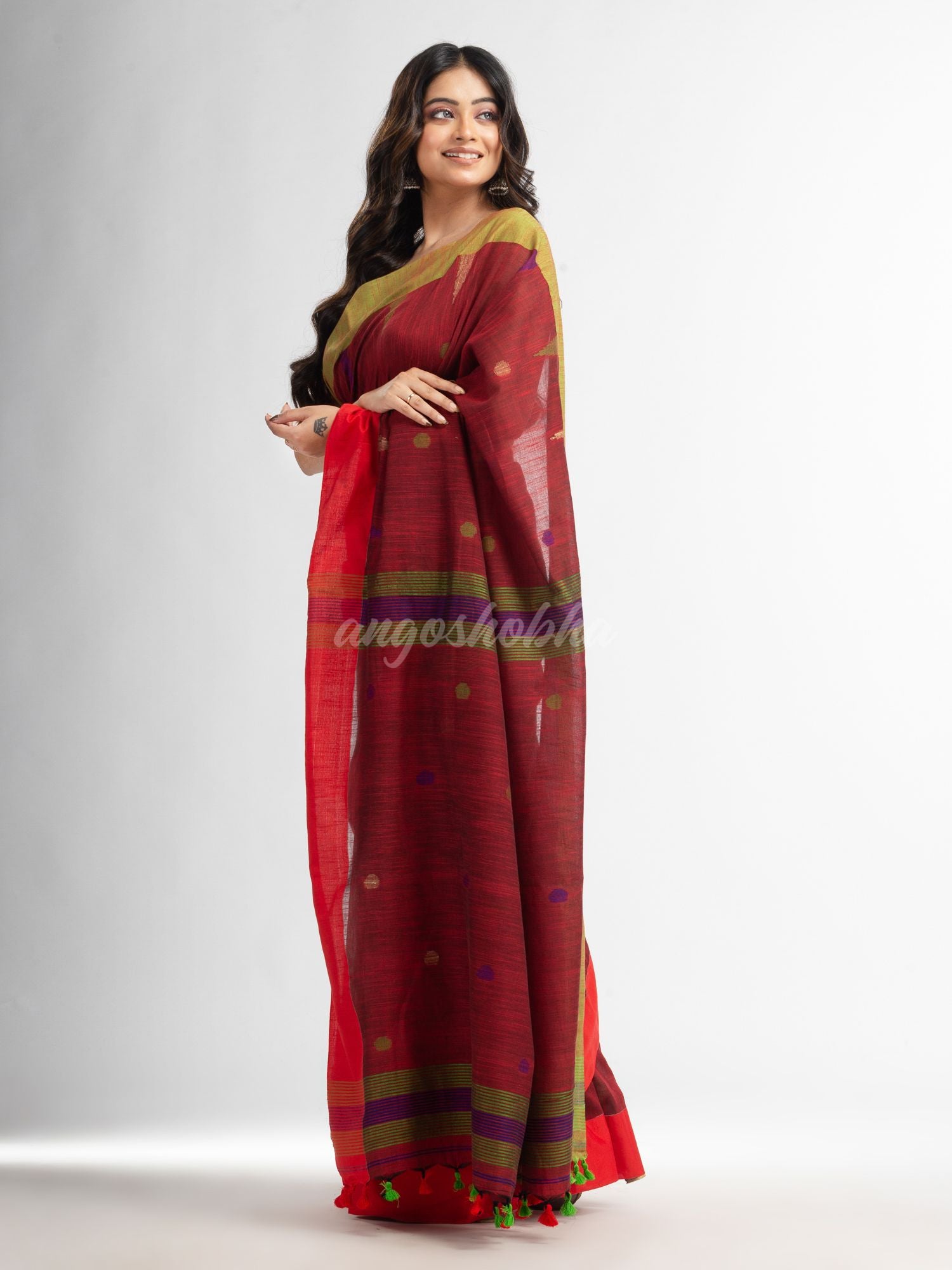 Rust all over ball Buti with Pallu in temple border handwoven saree