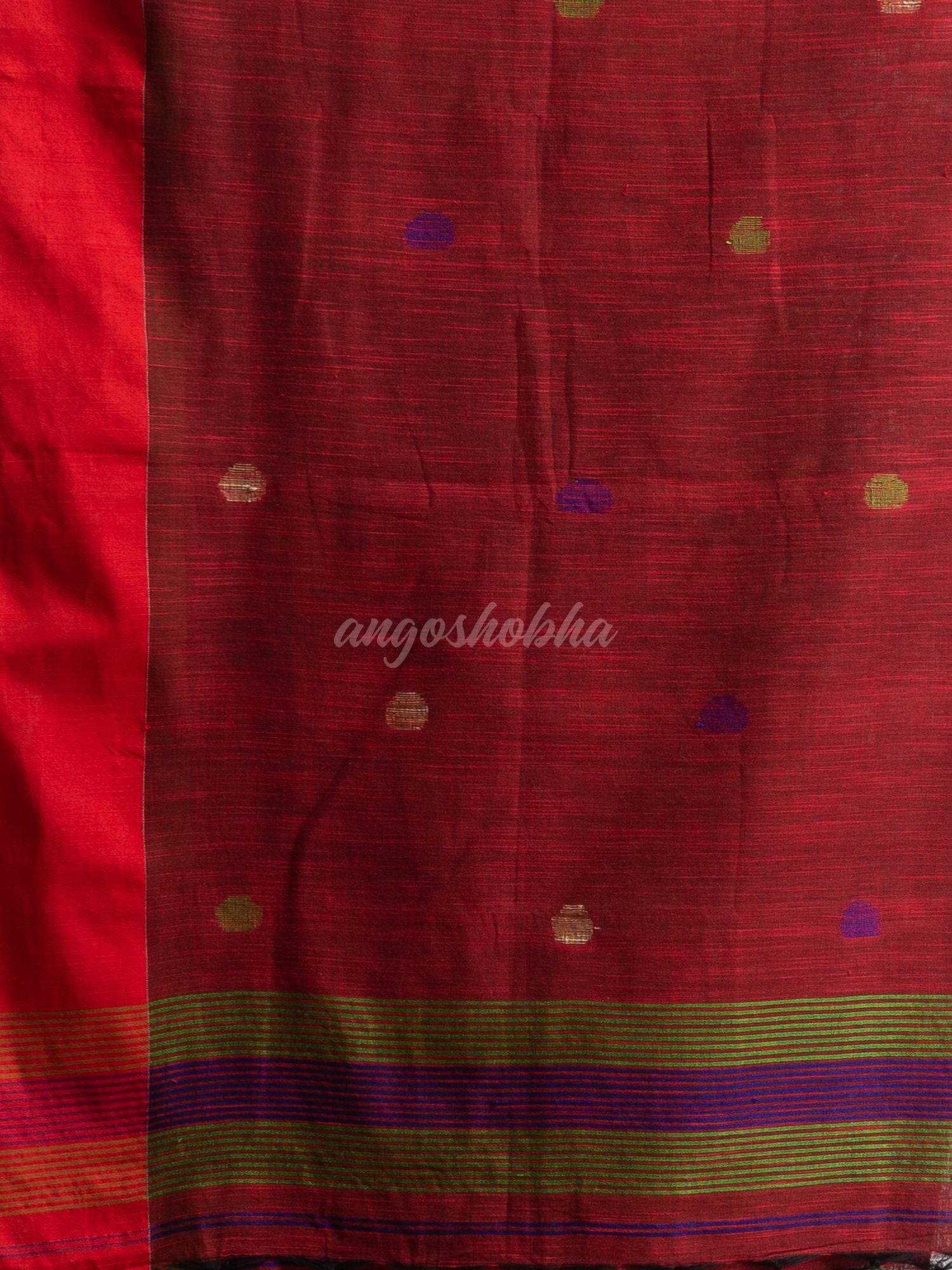 Rust all over ball Buti with Pallu in temple border handwoven saree