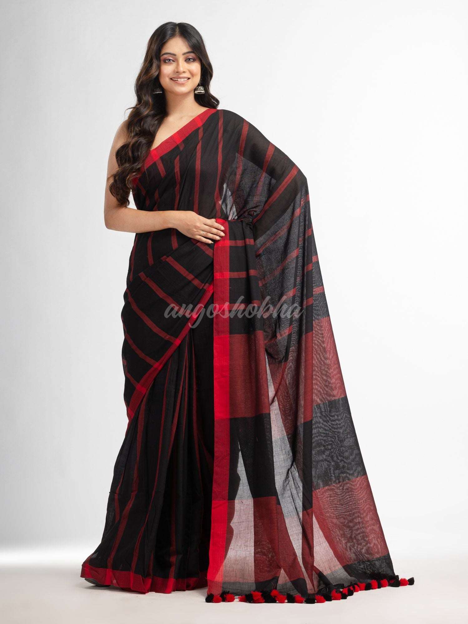 Black all body red strip moklin red border handwoven maslight saree