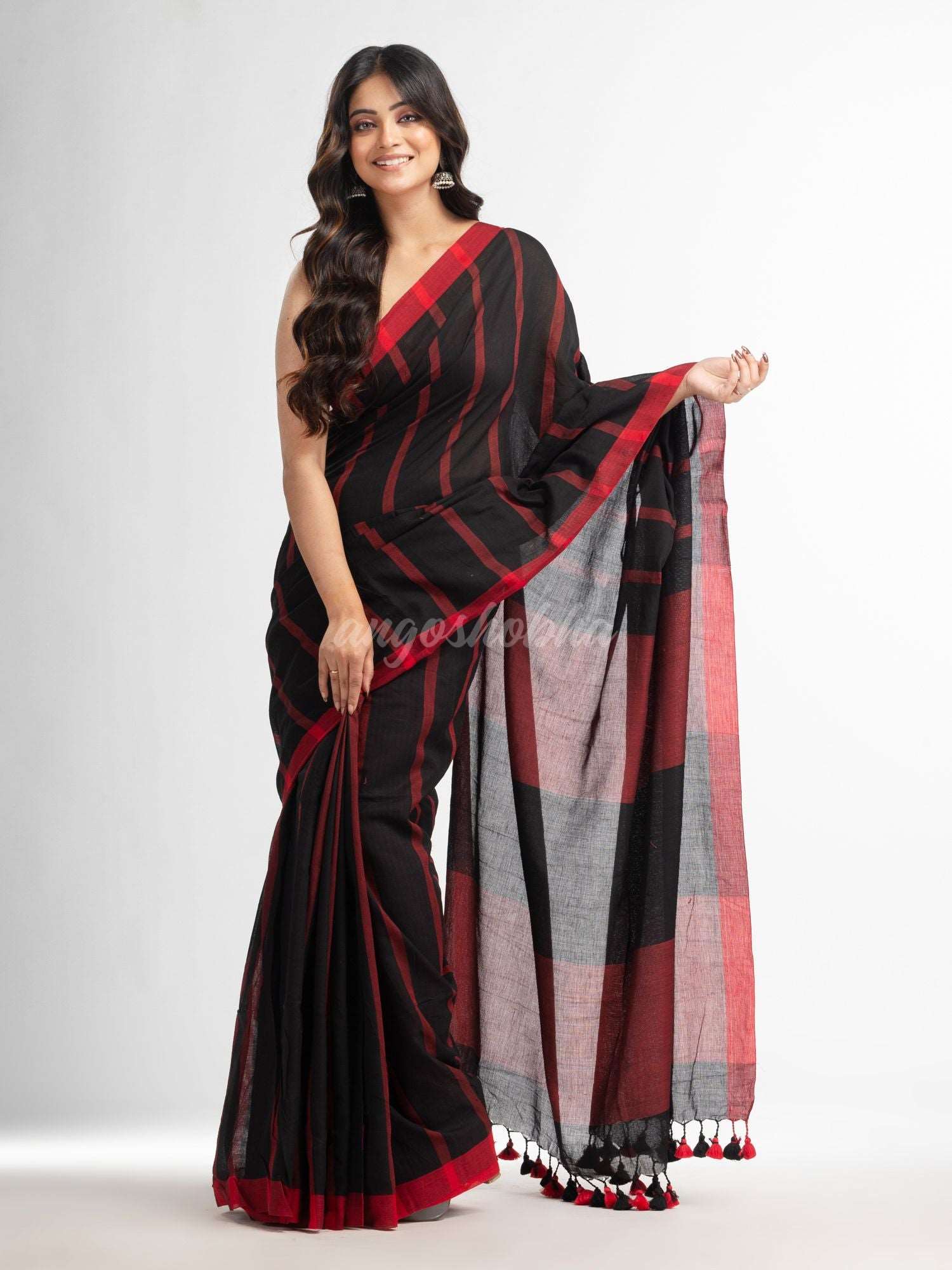 Black all body red strip moklin red border handwoven maslight saree