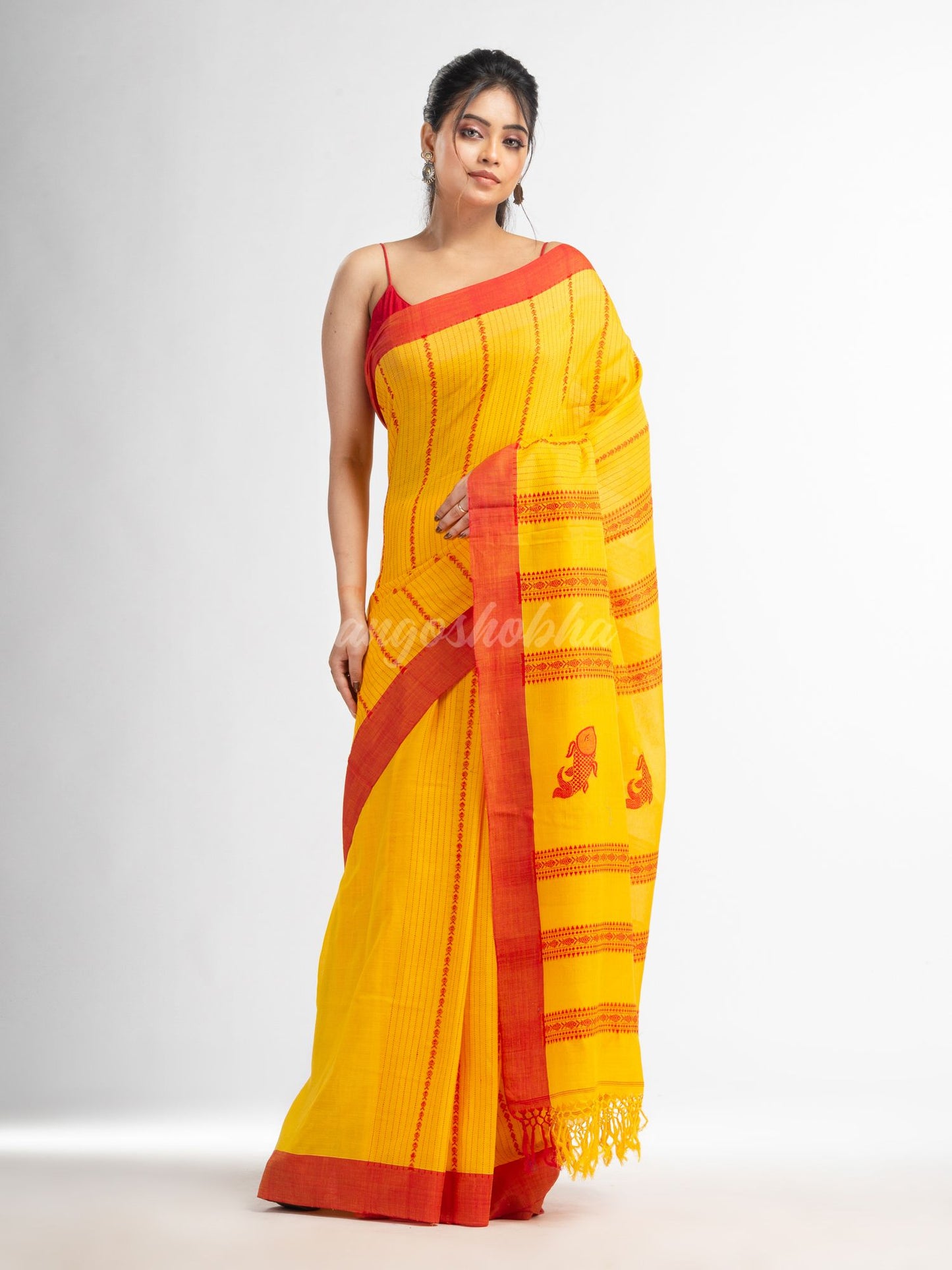 Yellow all  body small fish design with fish design pallu in solid border handwoven cotton saree