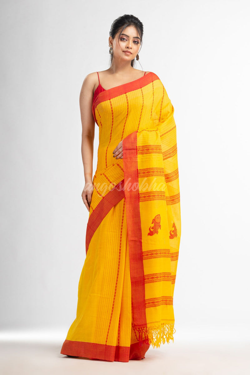 Yellow all  body small fish design with fish design pallu in solid border handwoven cotton saree