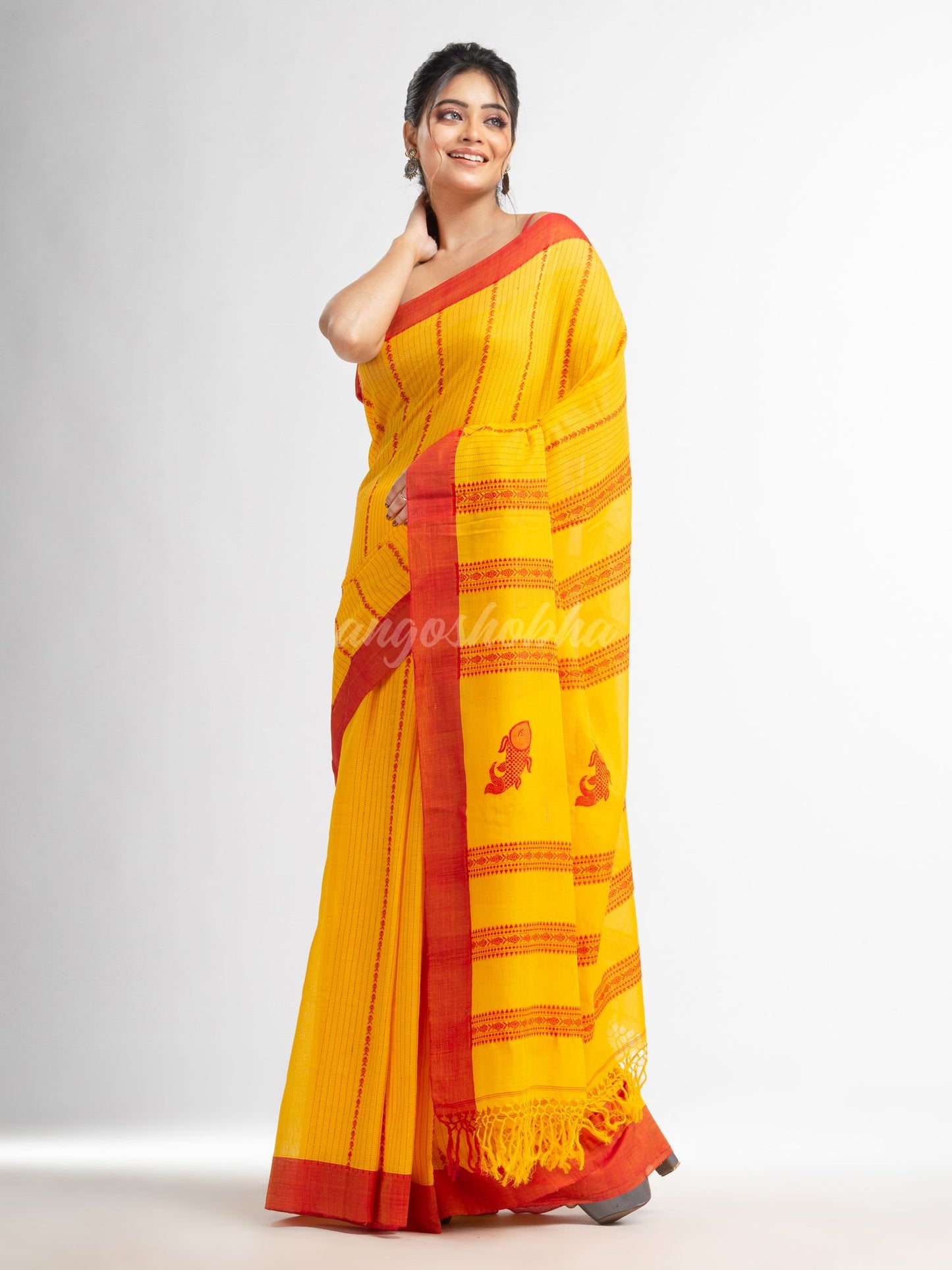 Yellow all  body small fish design with fish design pallu in solid border handwoven cotton saree