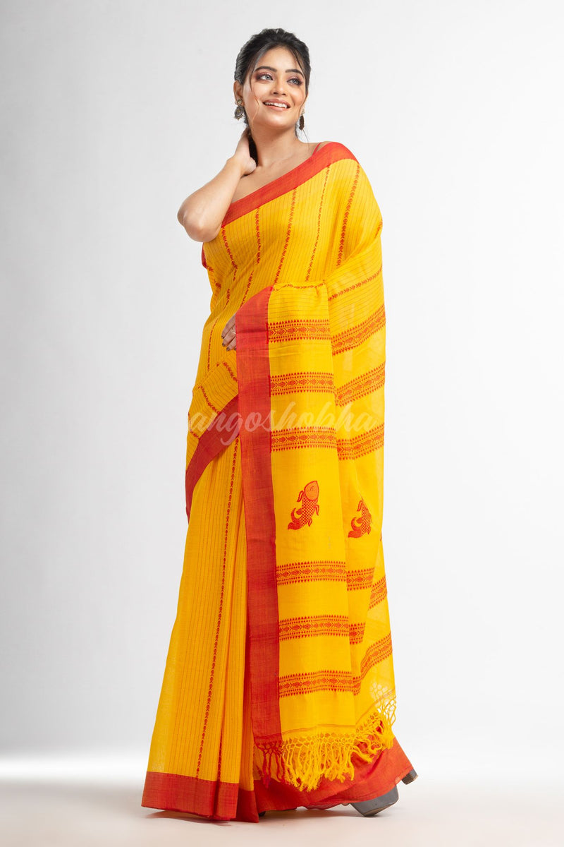 Yellow all  body small fish design with fish design pallu in solid border handwoven cotton saree