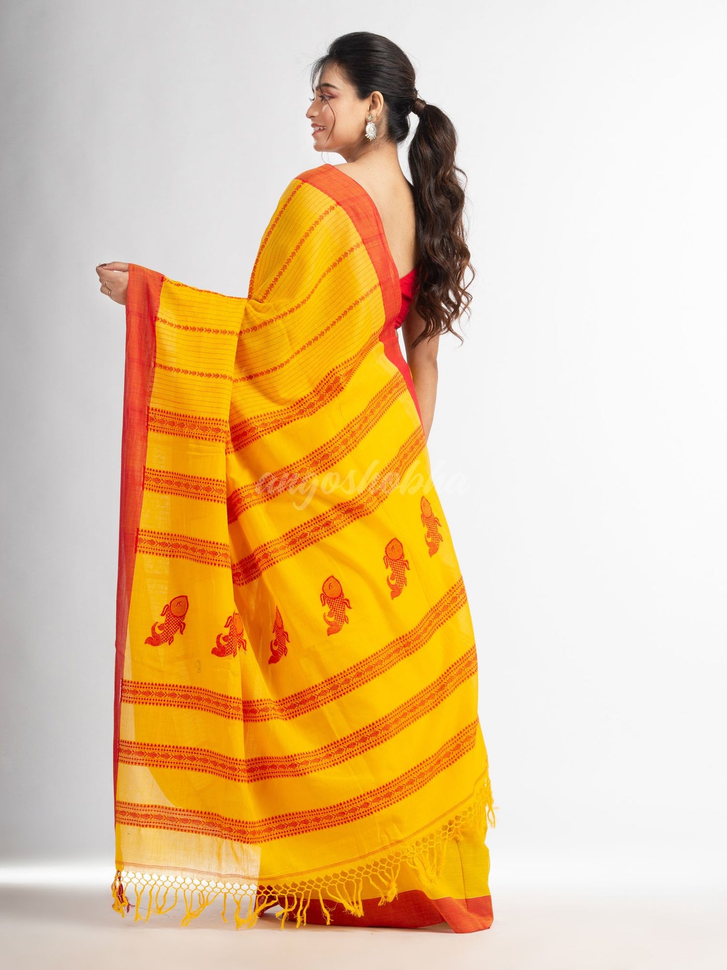 Yellow all  body small fish design with fish design pallu in solid border handwoven cotton saree