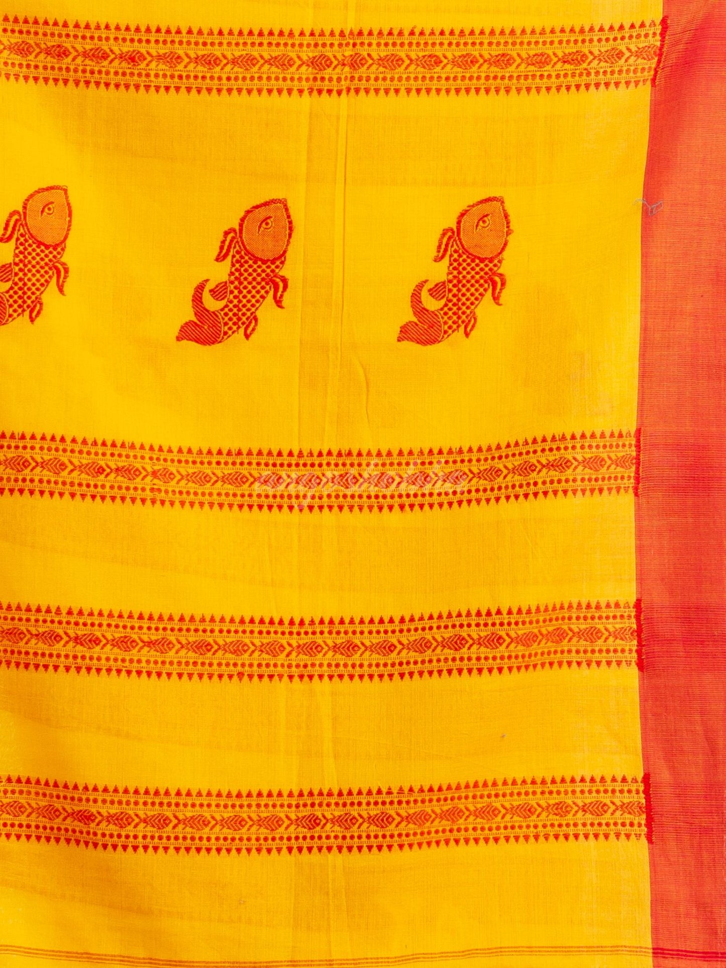 Yellow all  body small fish design with fish design pallu in solid border handwoven cotton saree