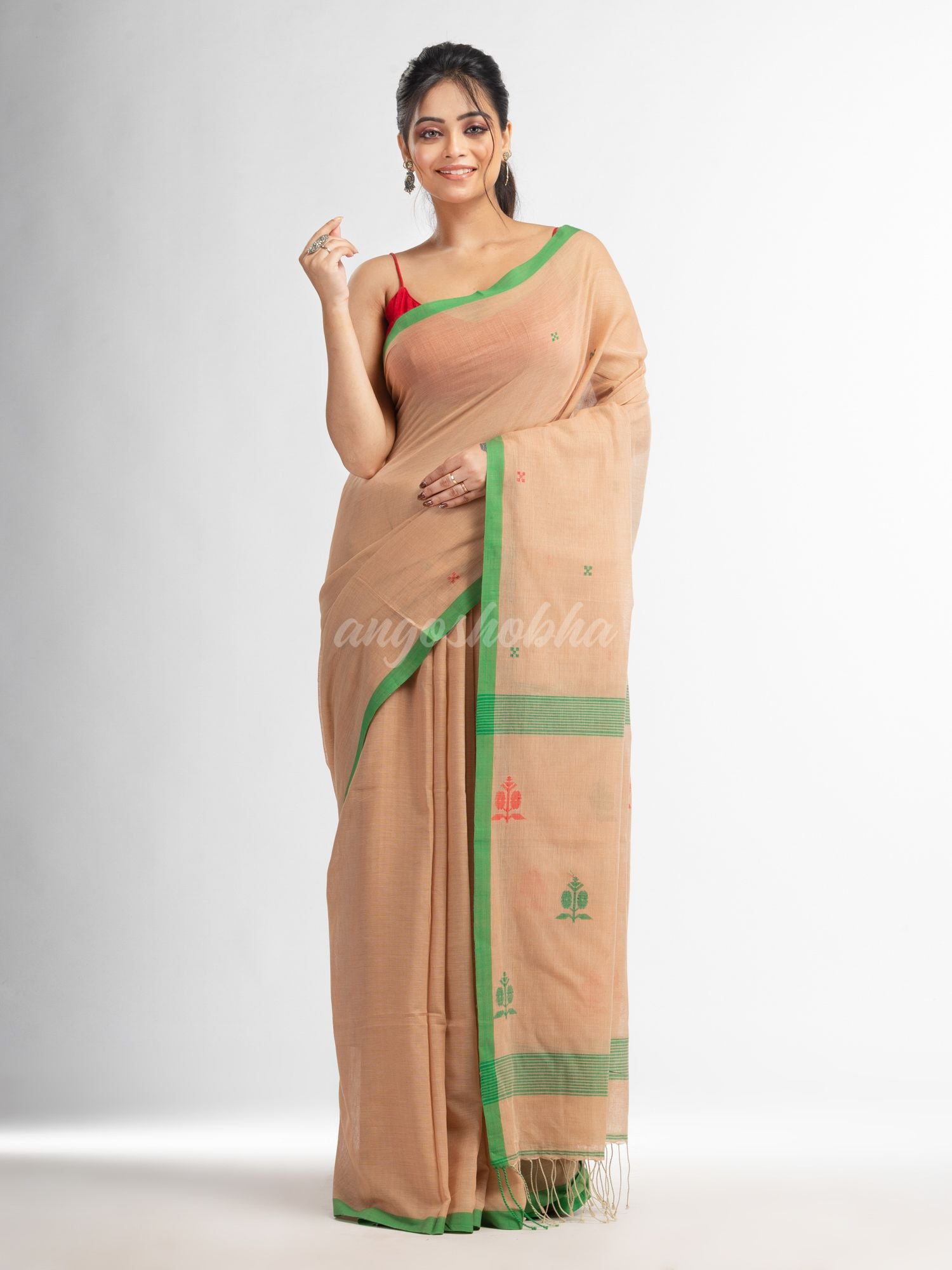 Biscuit all body buti with buti in green border handwoven cotton saree ...