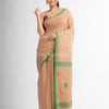 Biscuit all body buti with buti in green border handwoven cotton saree