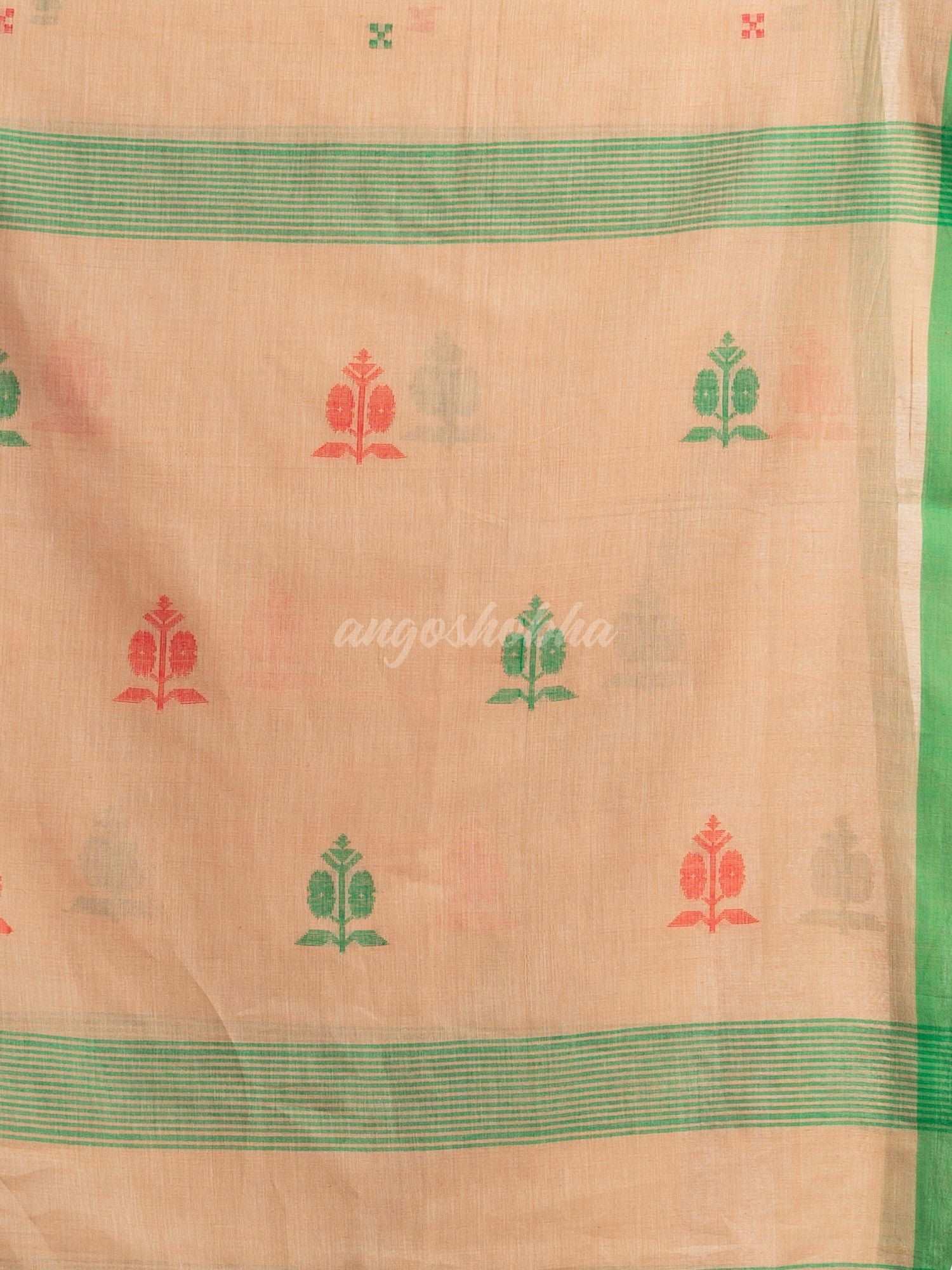 Biscuit all body buti with buti in green border handwoven cotton saree