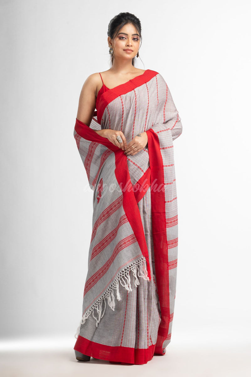 Grey all  body small fish design with fish design pallu in solid border handwoven cotton saree