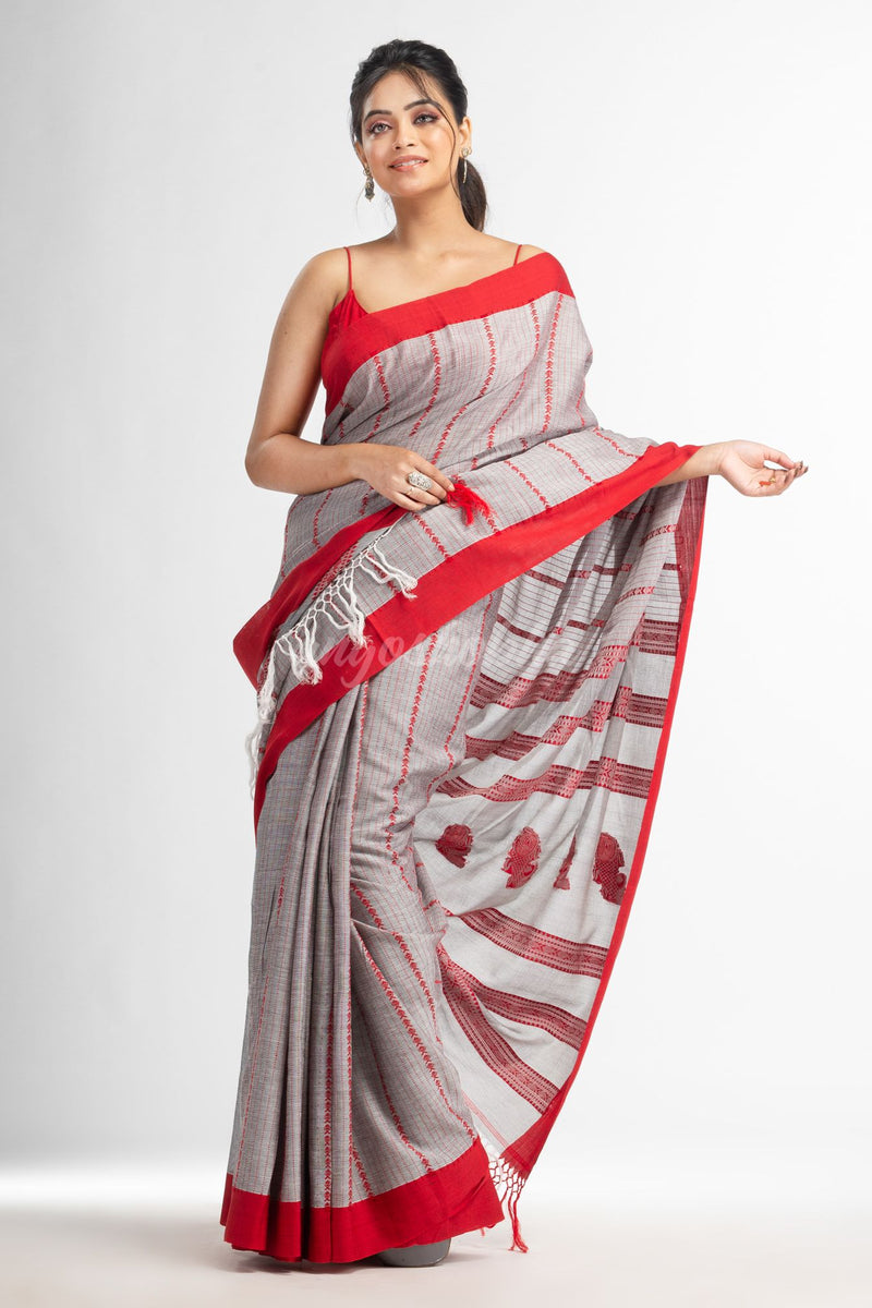 Grey all  body small fish design with fish design pallu in solid border handwoven cotton saree