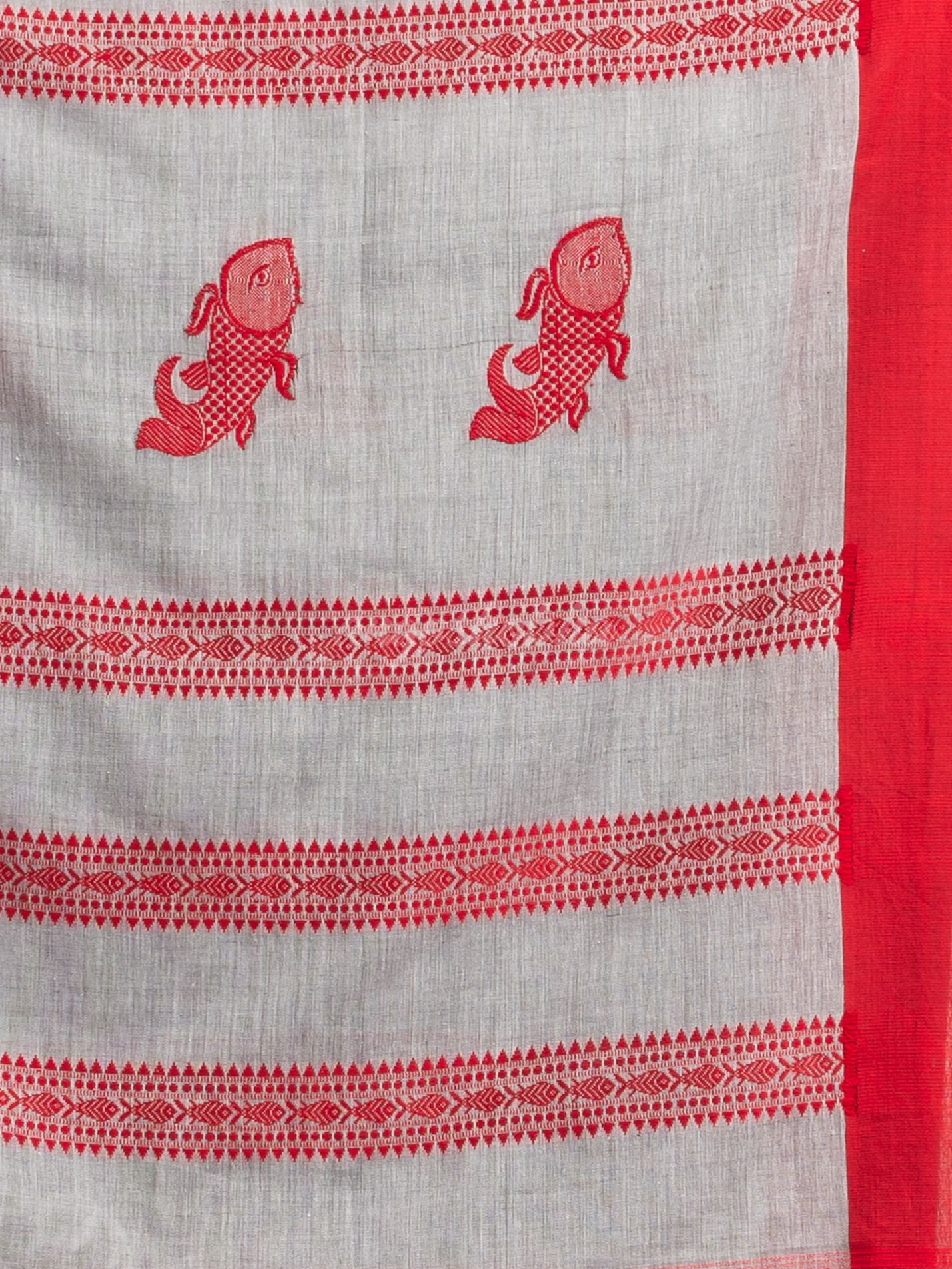 Grey all  body small fish design with fish design pallu in solid border handwoven cotton saree