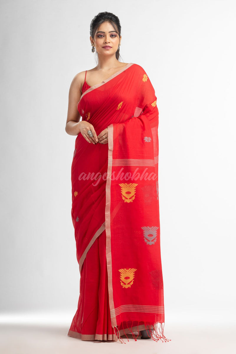 Fern Green all body buti with buti in silver border handwoven cotton saree