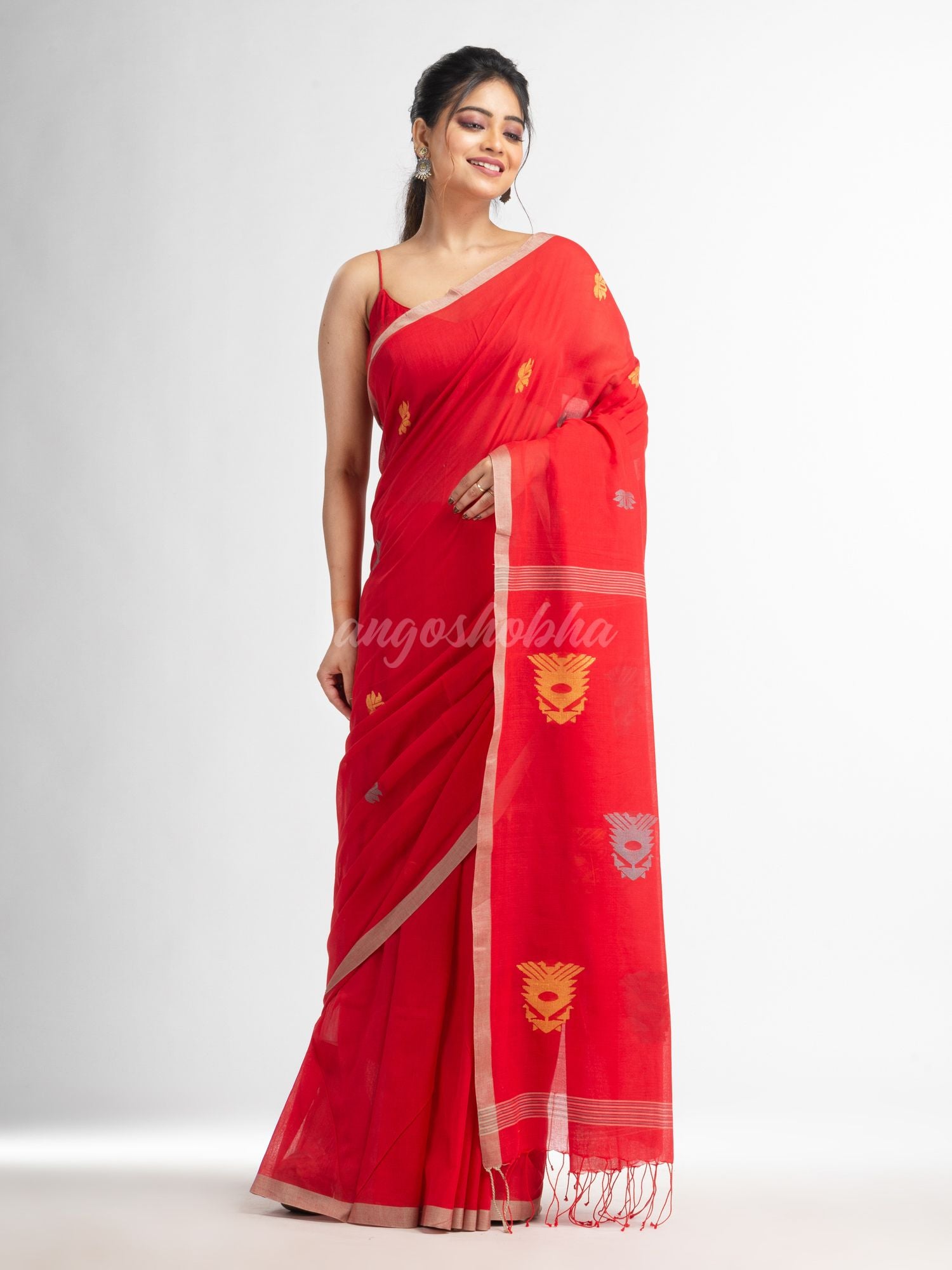 Fern Green all body buti with buti in silver border handwoven cotton saree