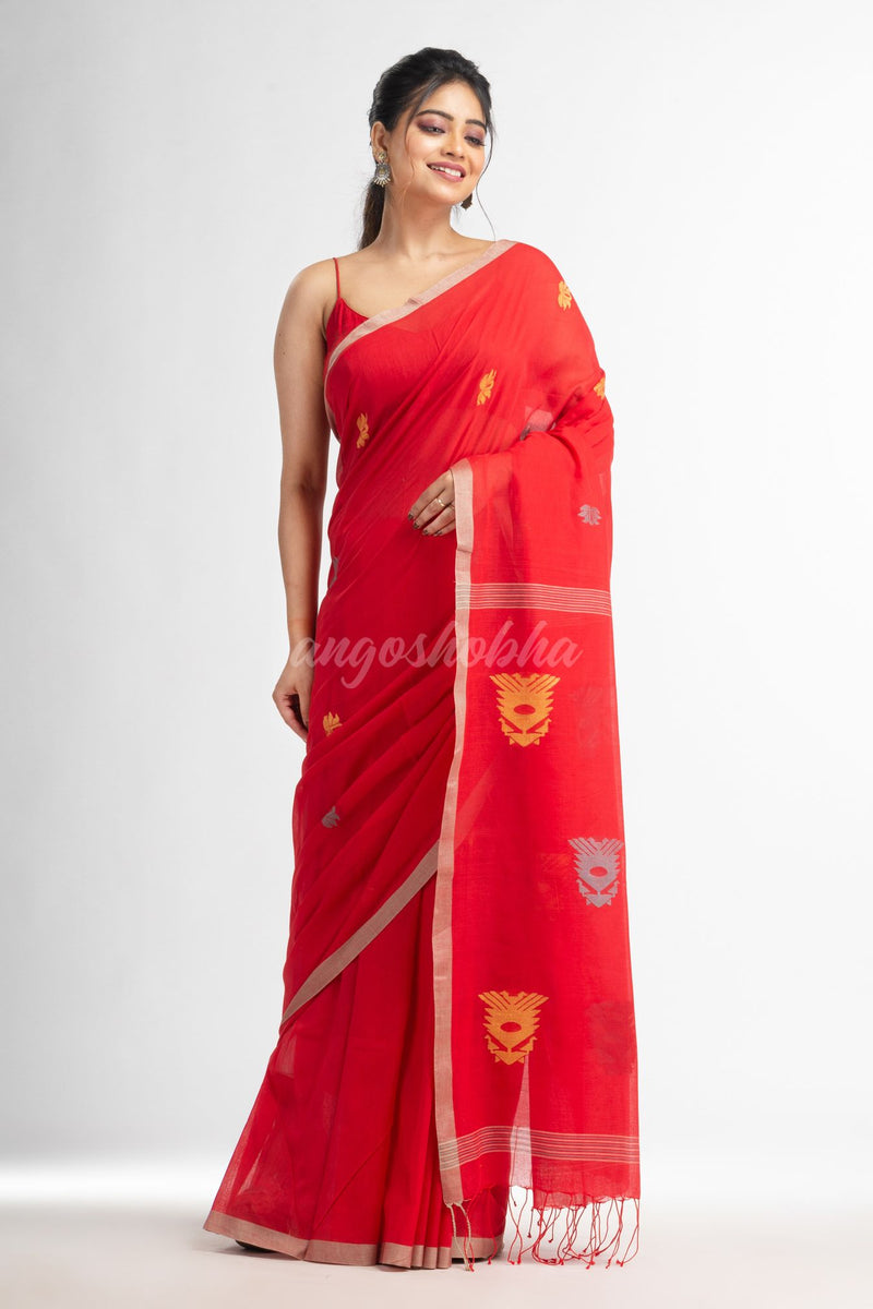 Fern Green all body buti with buti in silver border handwoven cotton saree
