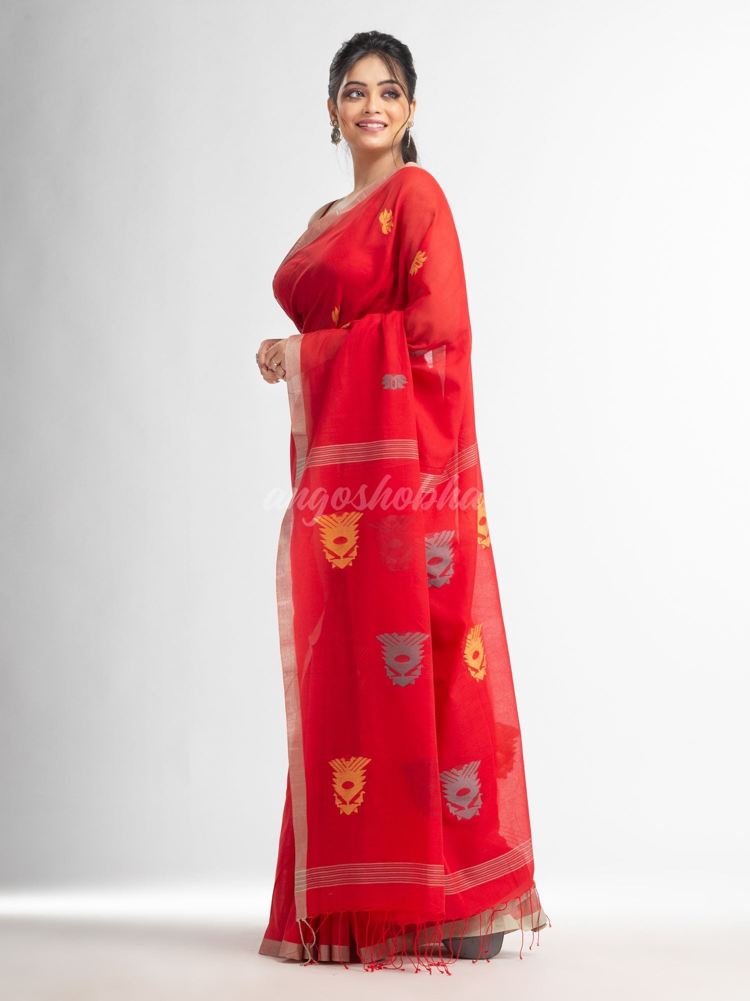 Fern Green all body buti with buti in silver border handwoven cotton saree