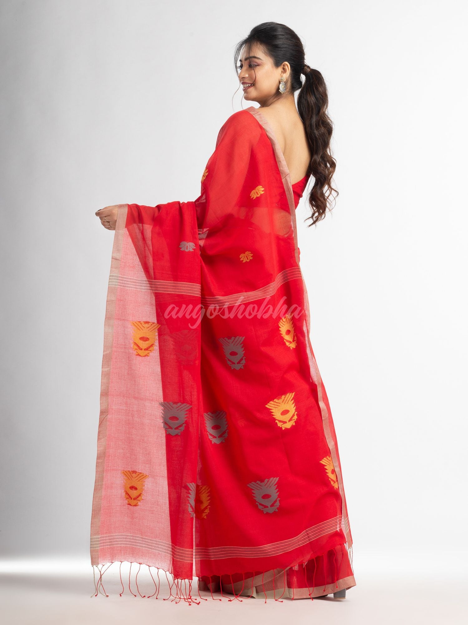 Fern Green all body buti with buti in silver border handwoven cotton saree