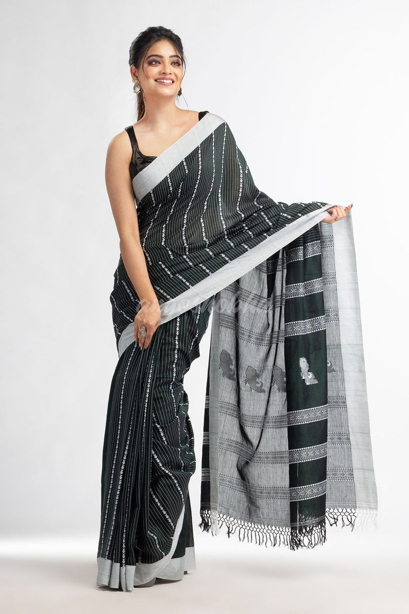 Bottle green all  body small fish design with fish design pallu in solid border handwoven cotton saree