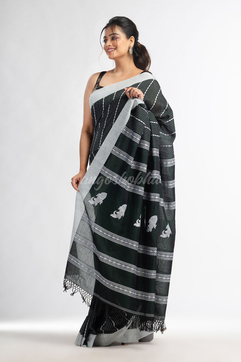 Bottle green all  body small fish design with fish design pallu in solid border handwoven cotton saree