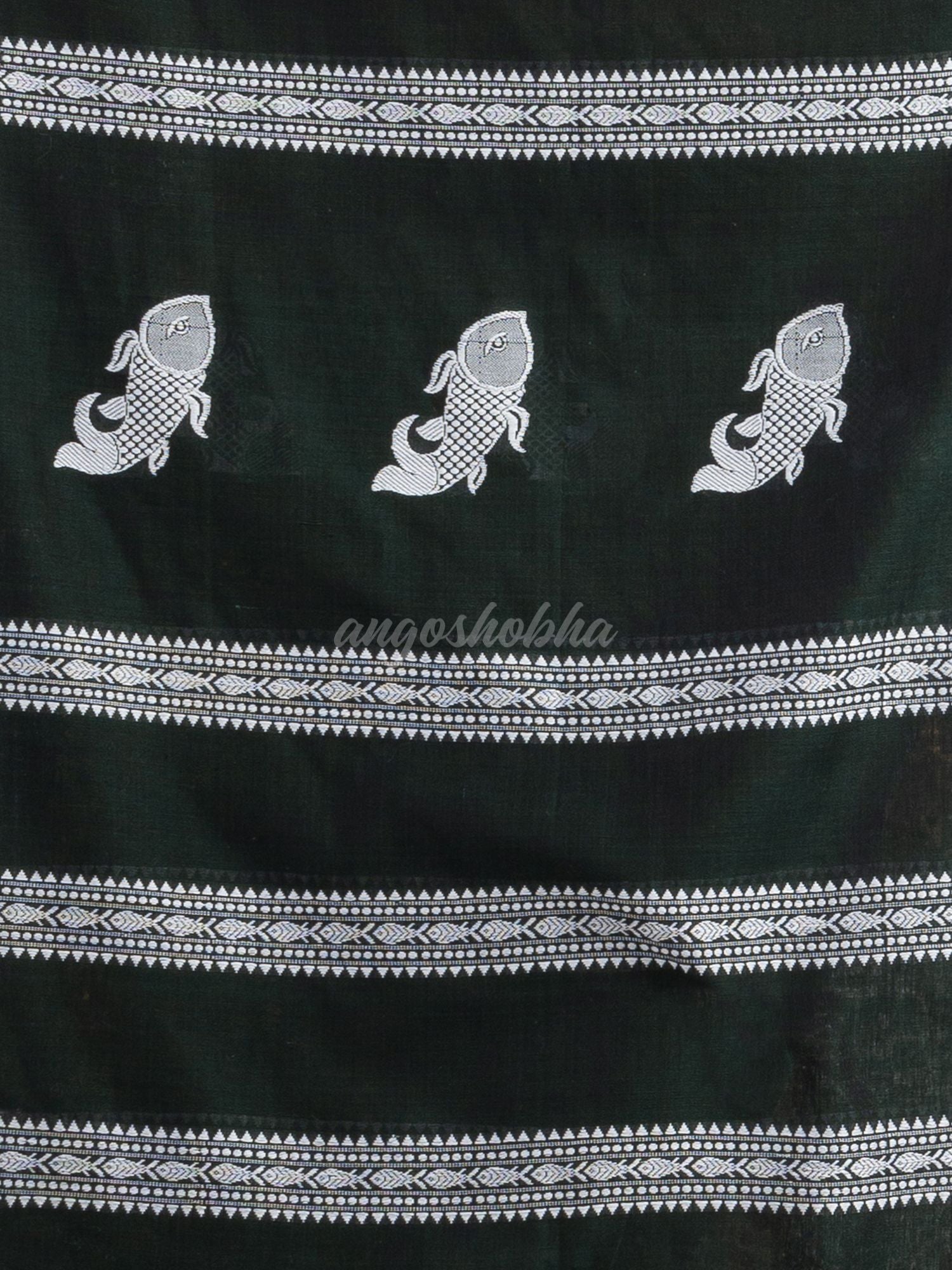 Bottle green all  body small fish design with fish design pallu in solid border handwoven cotton saree