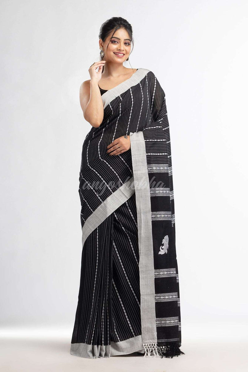 Black all  body small fish design with fish design pallu in solid border handwoven cotton saree