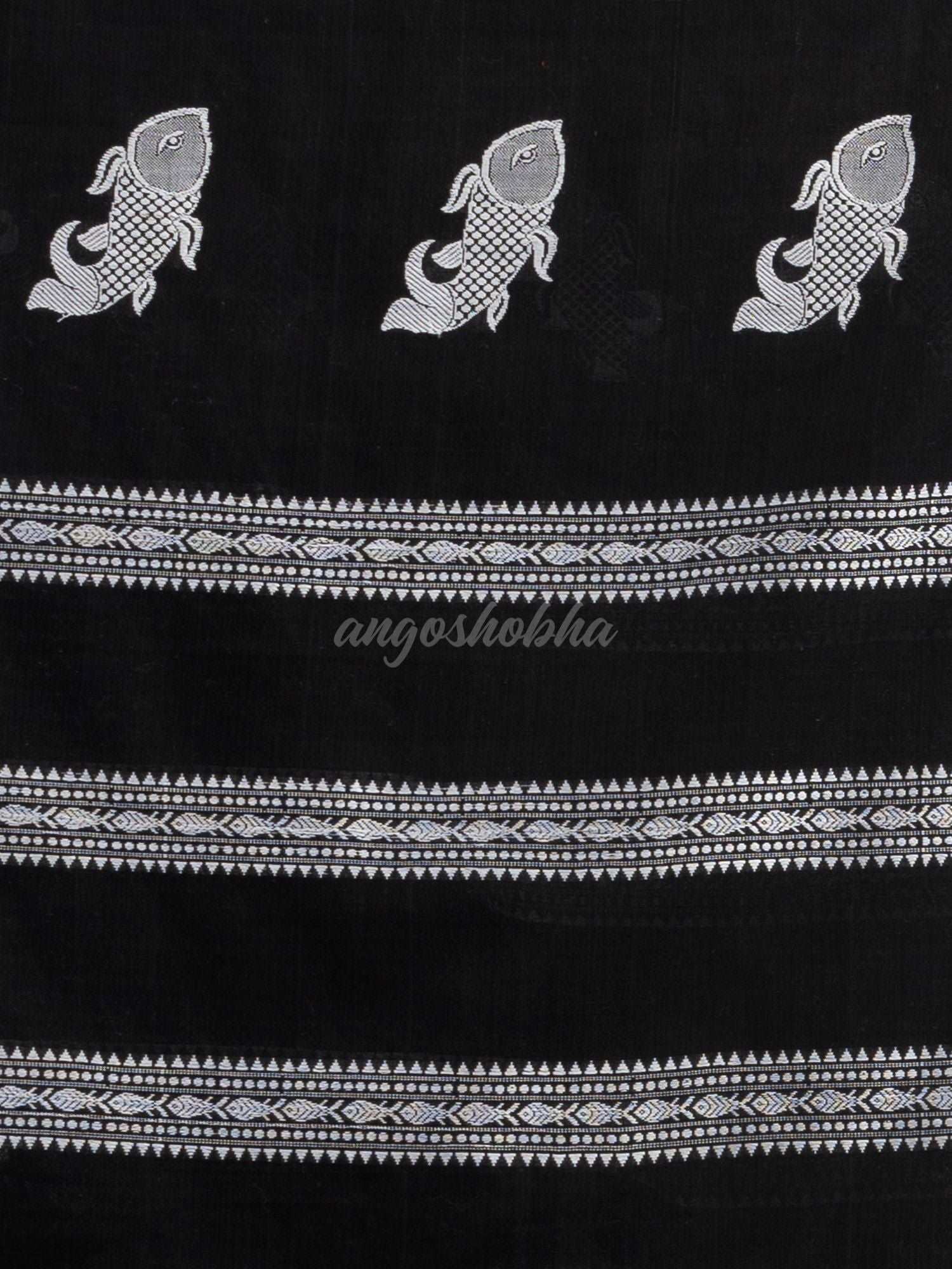 Black all  body small fish design with fish design pallu in solid border handwoven cotton saree